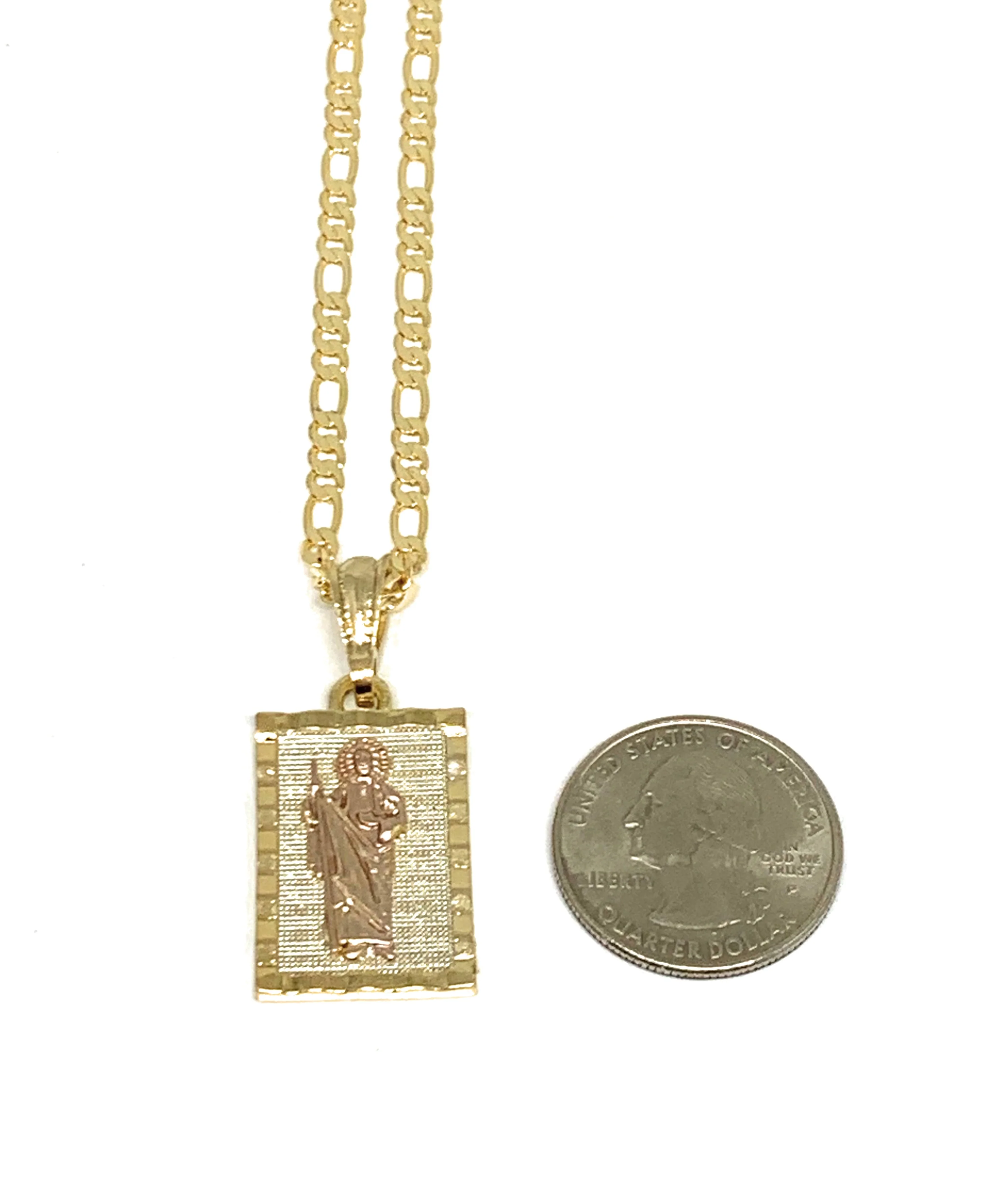 Gold Plated Yellow & Rose Saint Jude Pendant Necklace Figaro 24" San Judas Tadeo Medalla - Image 2