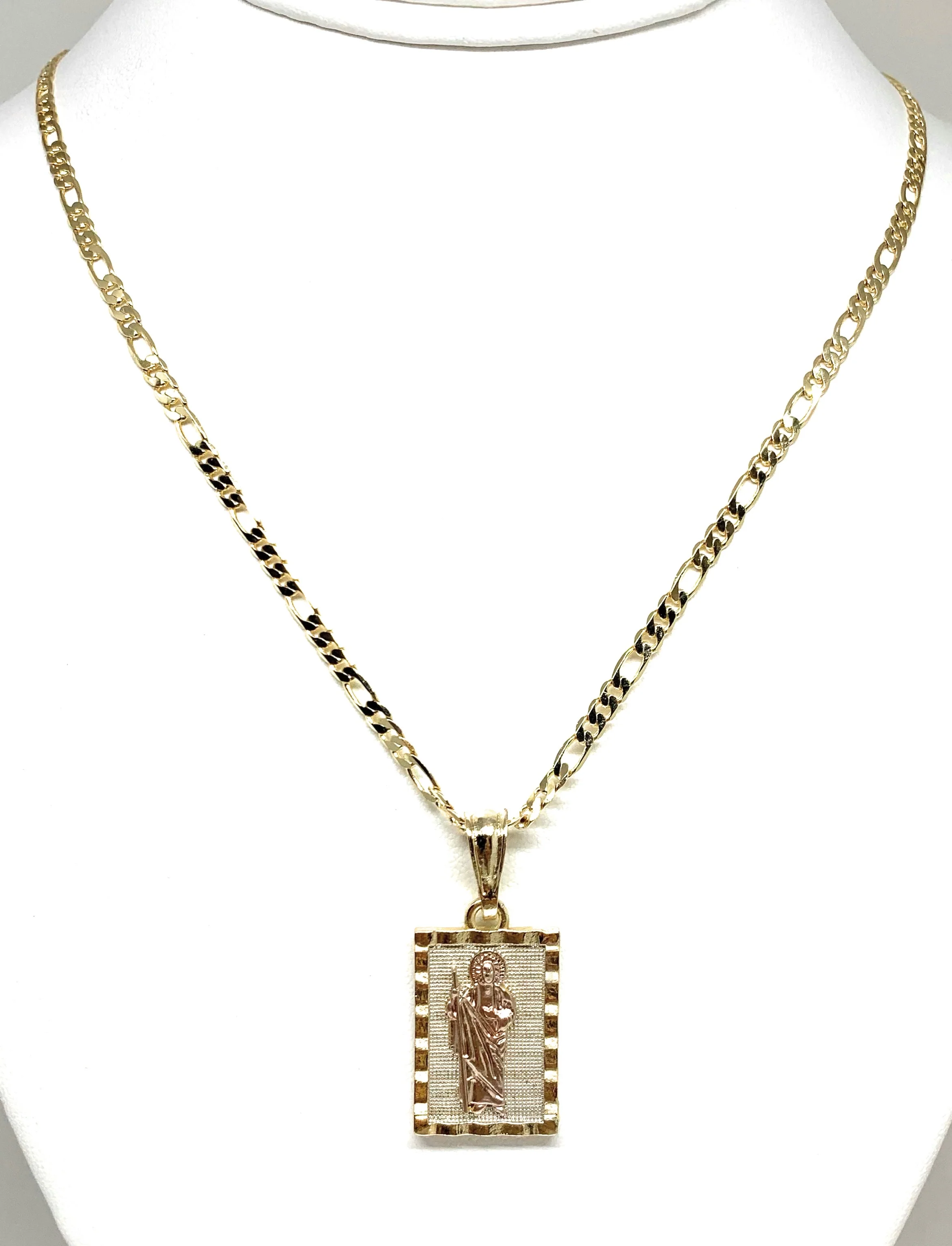 Gold Plated Yellow & Rose Saint Jude Pendant Necklace Figaro 24" San Judas Tadeo Medalla - Image 3