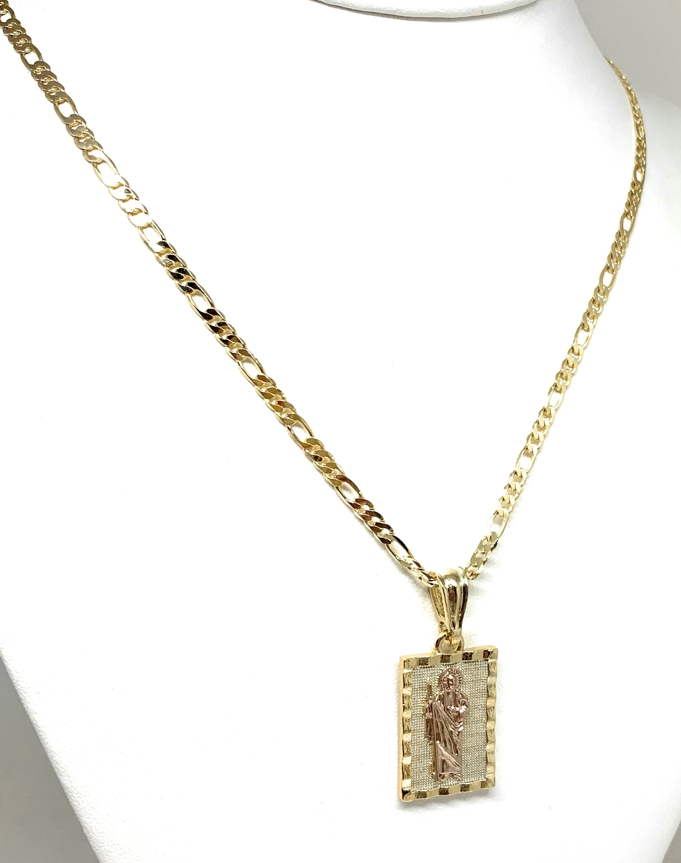 Gold Plated Yellow & Rose Saint Jude Pendant Necklace Figaro 24" San Judas Tadeo Medalla - Image 4
