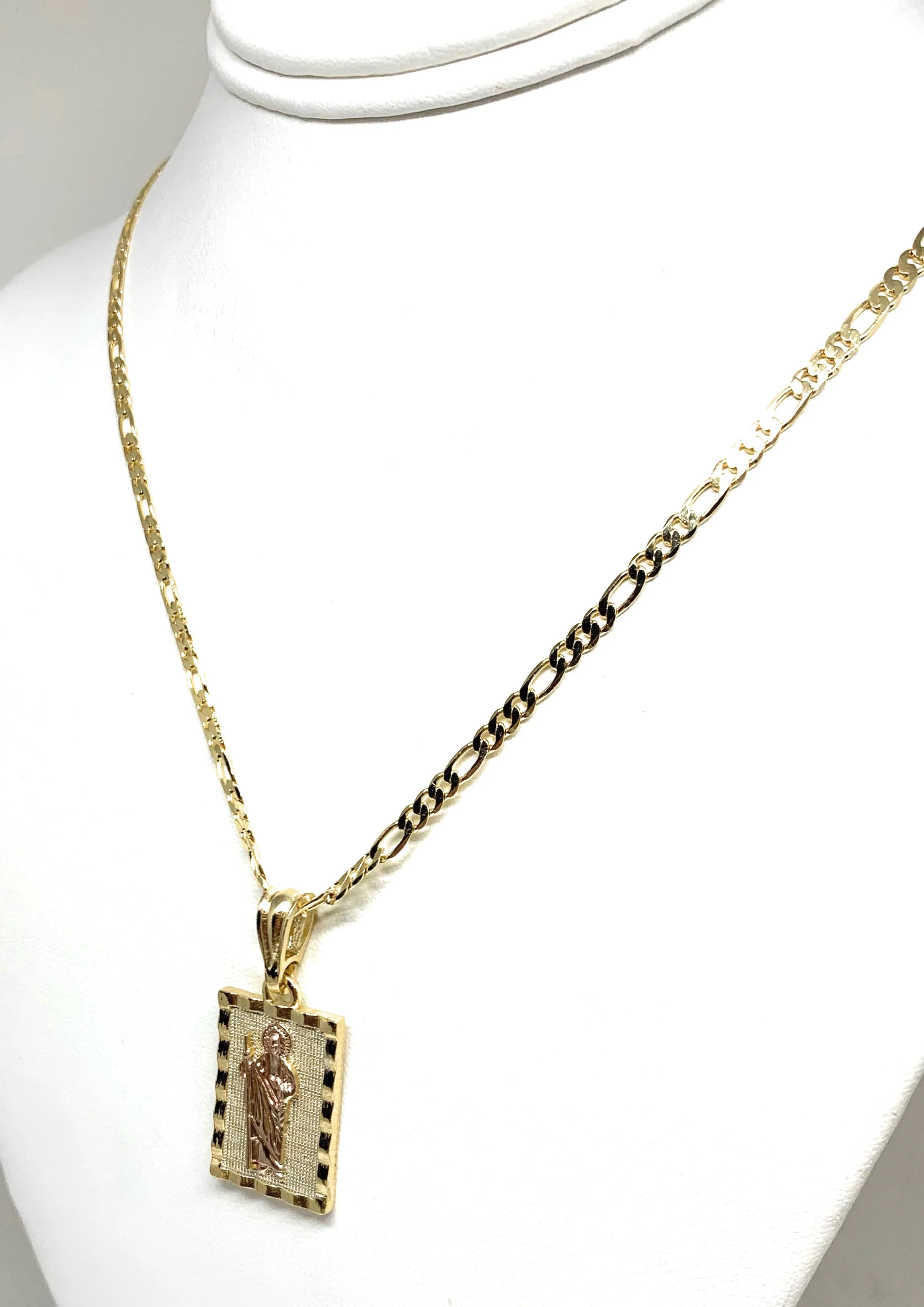 Gold Plated Yellow & Rose Saint Jude Pendant Necklace Figaro 24" San Judas Tadeo Medalla - Image 5