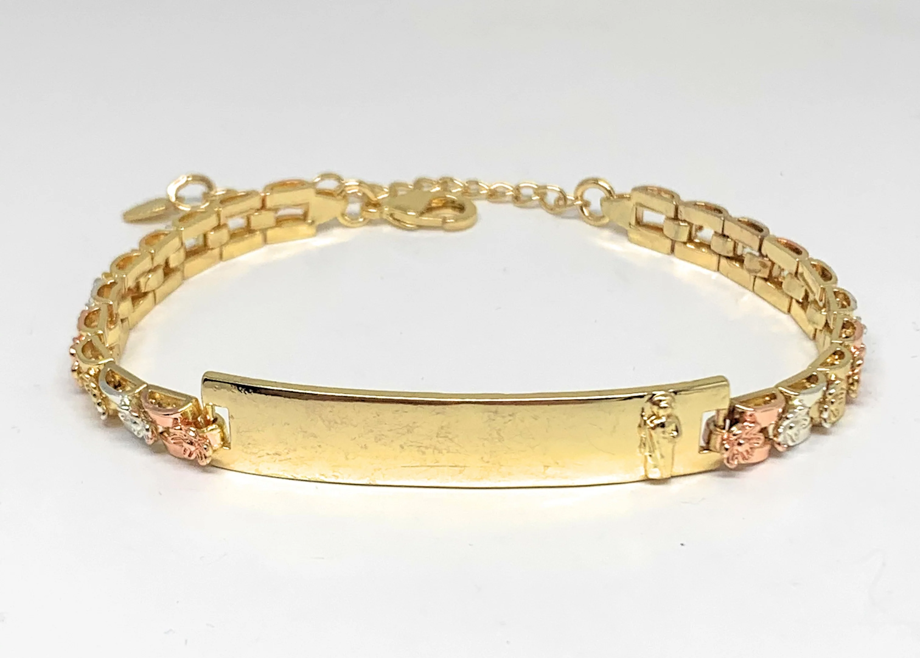 Gold Plated Tri-Color Saint Jude San Judas Flower ID Bracelet 7.5” 5.5mm Width Esclava - Image 2