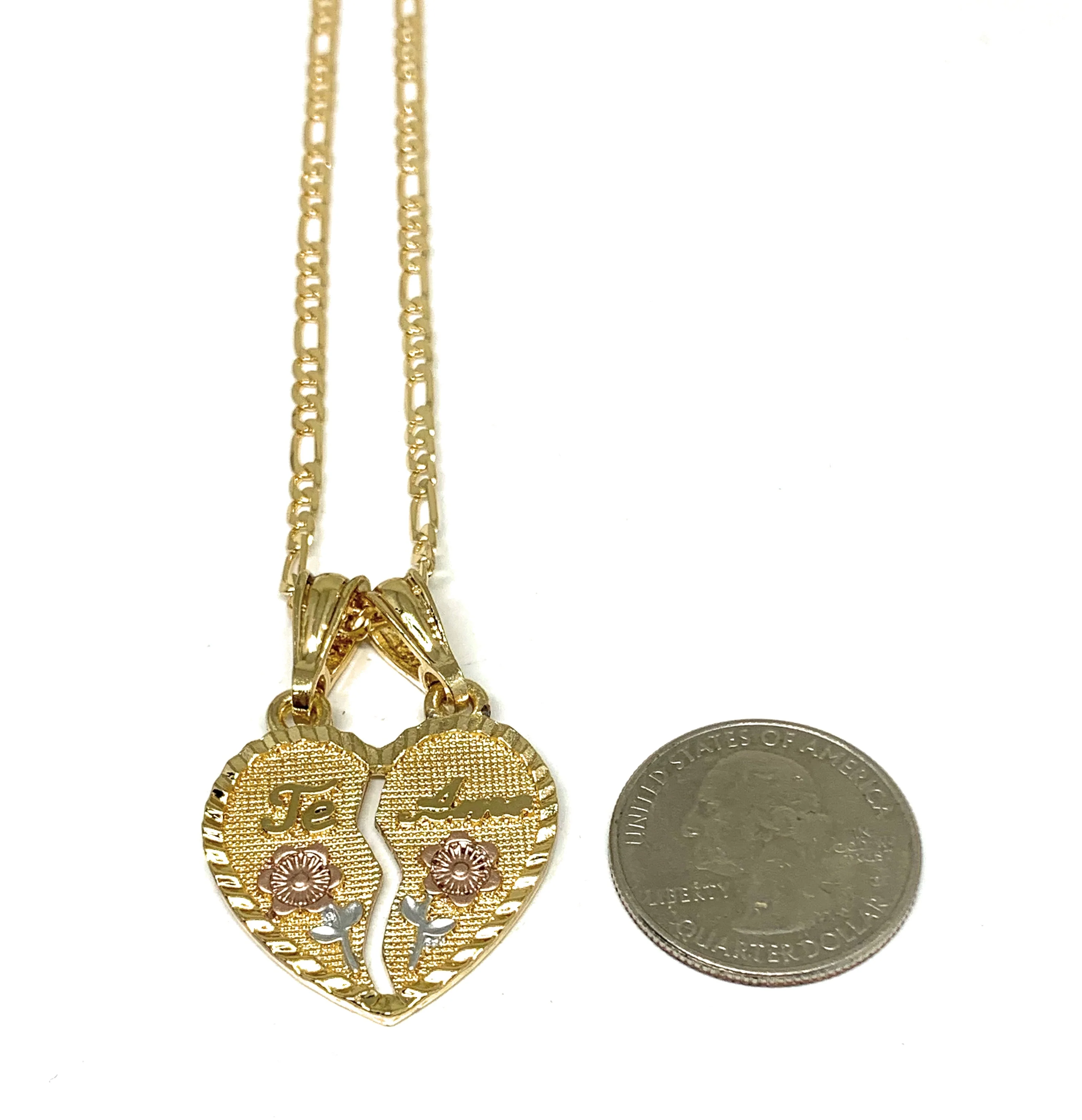Gold Plated Tri-Color "Te Amo" Flower Heart Split Pendant Necklace 24" - Image 4