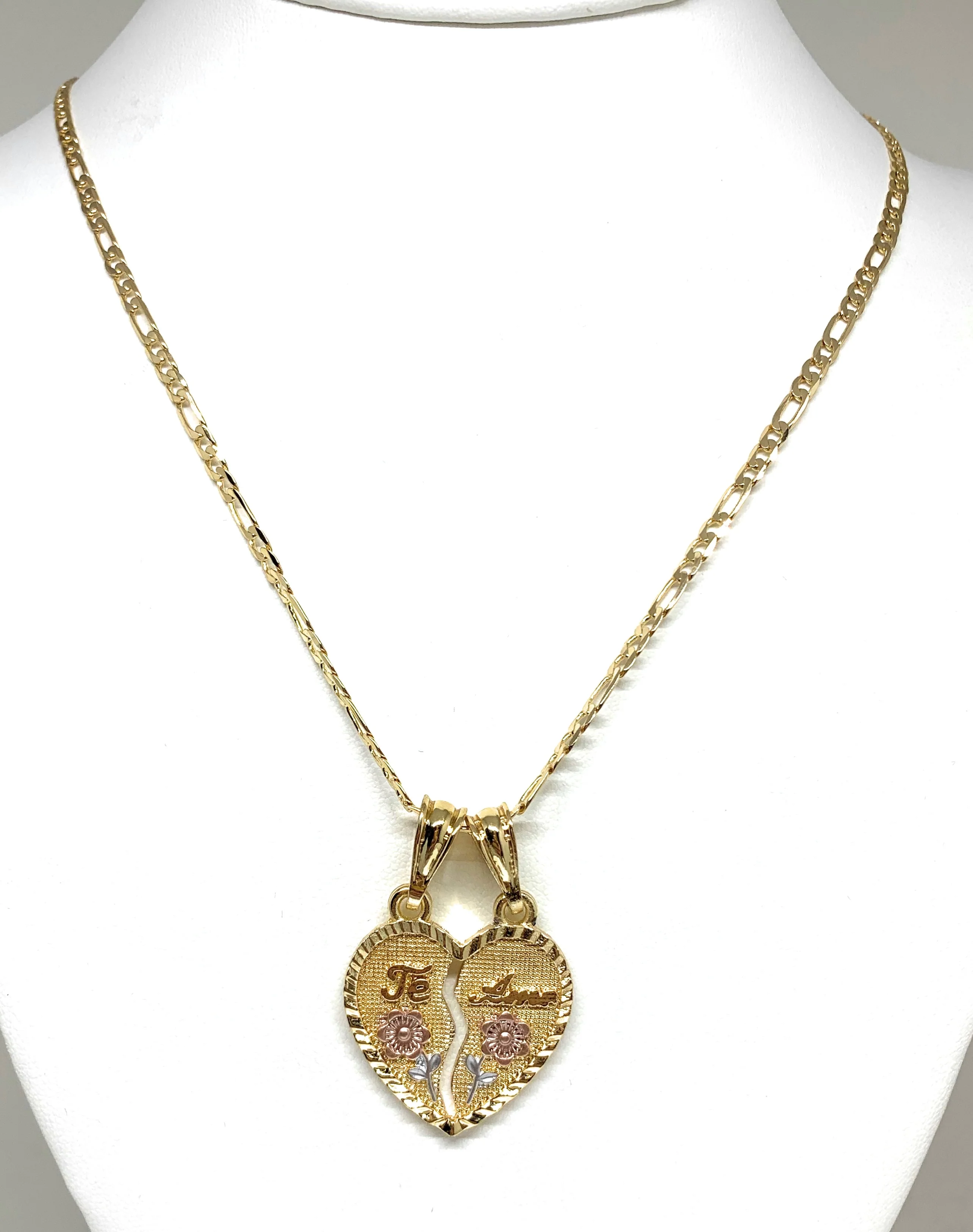 Gold Plated Tri-Color "Te Amo" Flower Heart Split Pendant Necklace 24" - Image 6