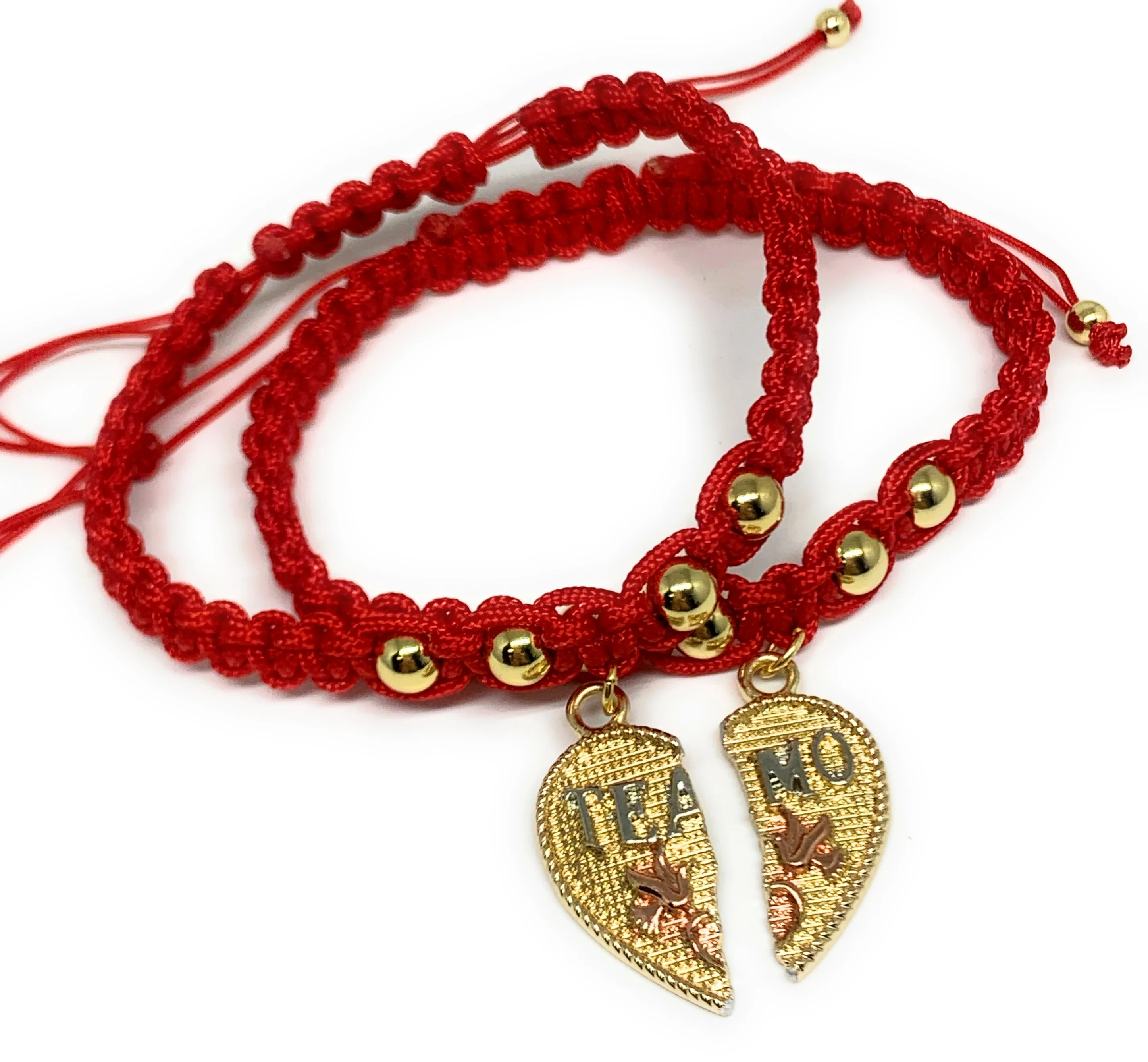 Gold Plated Tri-Color "Te Amo" Heart Split Pendant HAND BRAIDED ADJUSTABLE TWO BRACELET SET 7.5” - Image 2