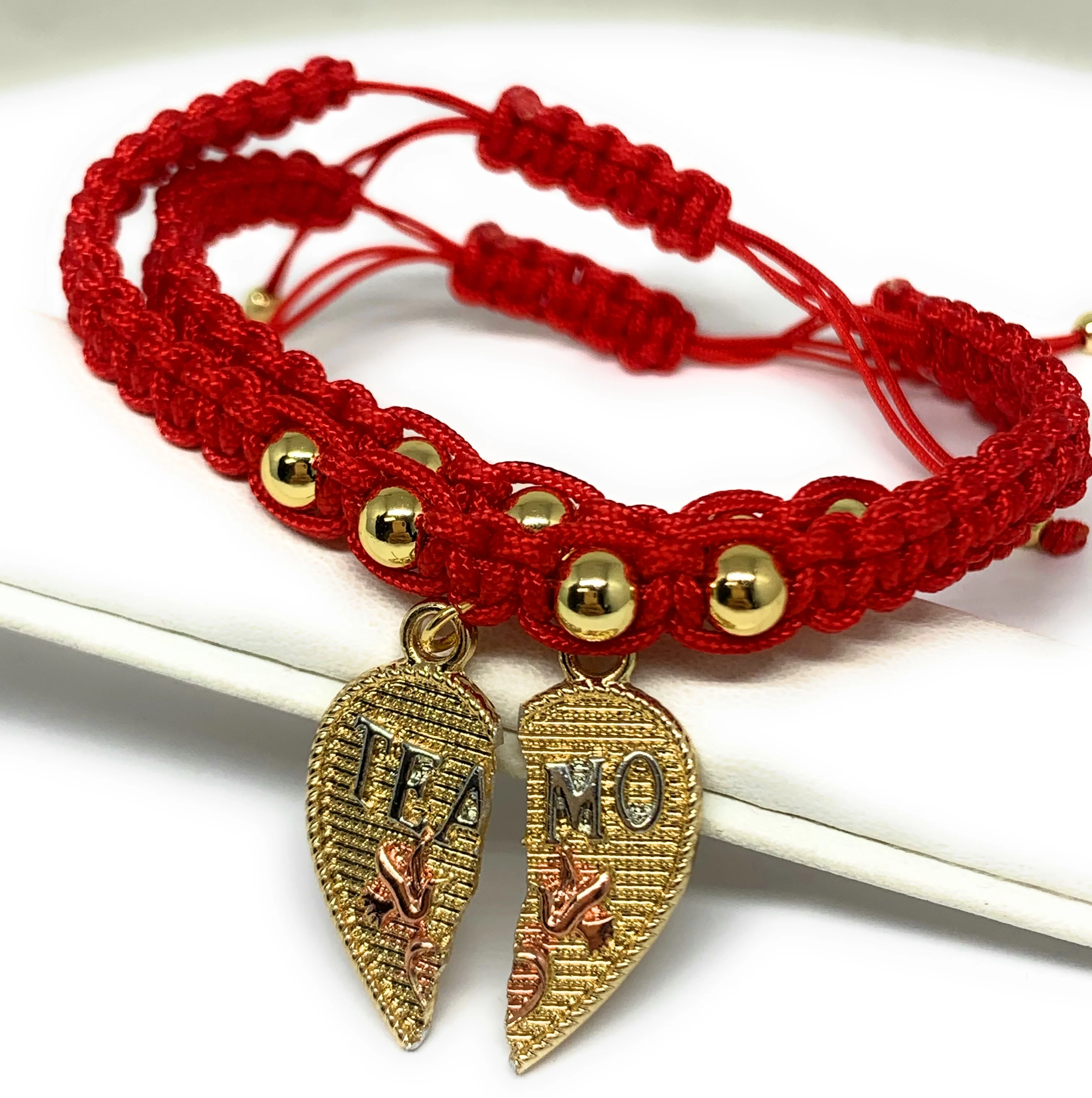 Gold Plated Tri-Color "Te Amo" Heart Split Pendant HAND BRAIDED ADJUSTABLE TWO BRACELET SET 7.5” - Image 3