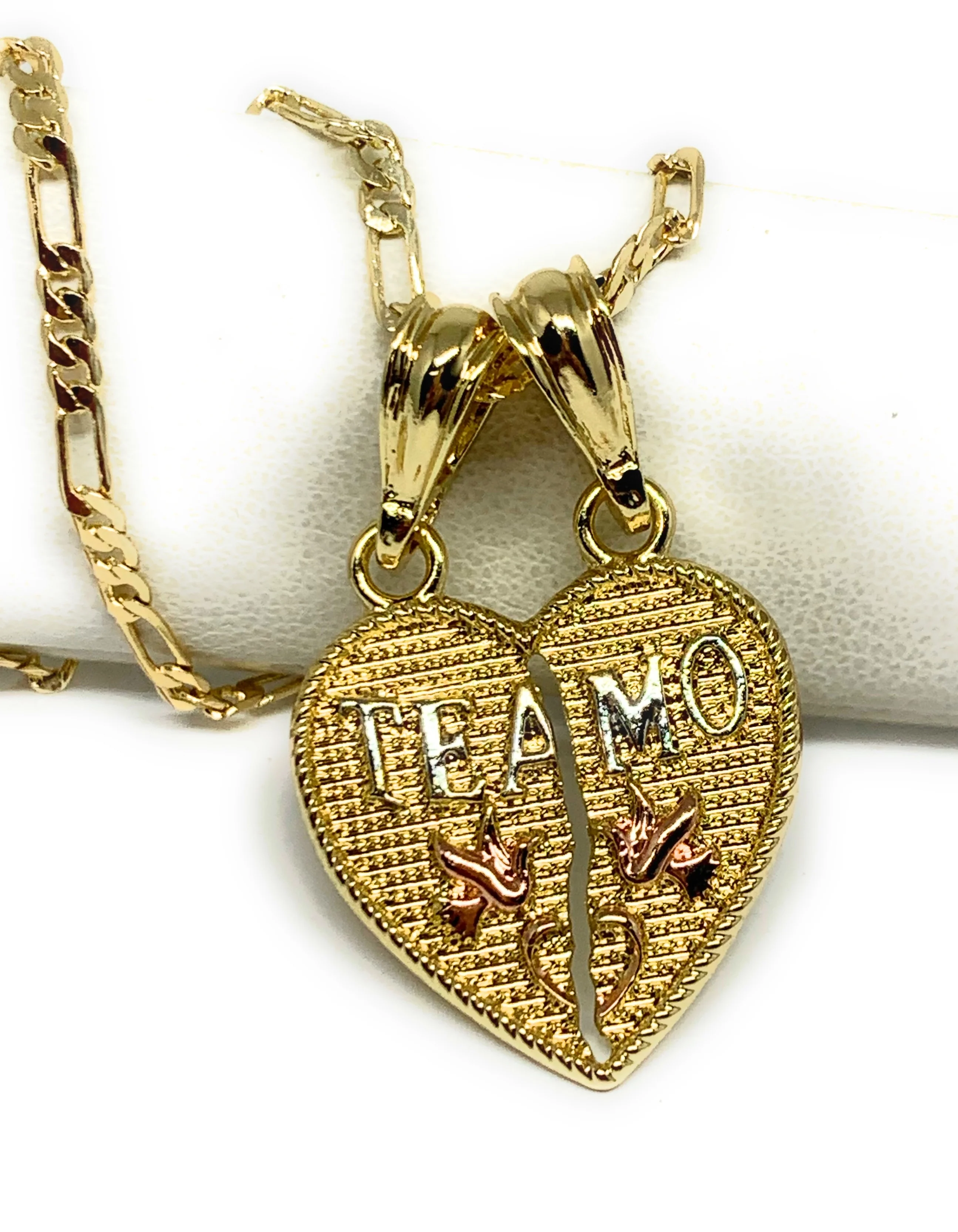 Gold Plated Tri-Color "Te Amo" Heart Split Pendant Necklace 24"