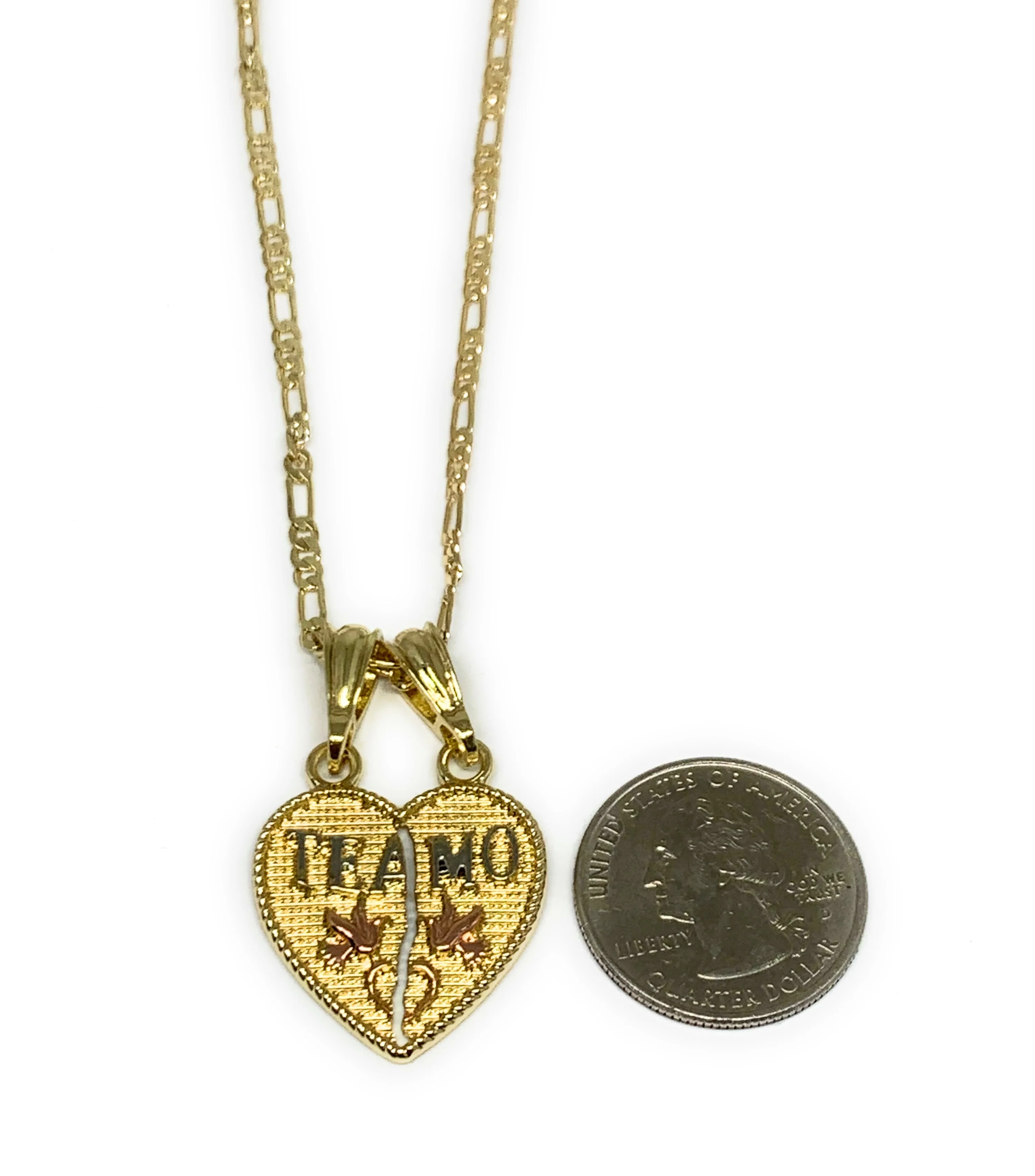 Gold Plated Tri-Color "Te Amo" Heart Split Pendant Necklace 24" - Image 2