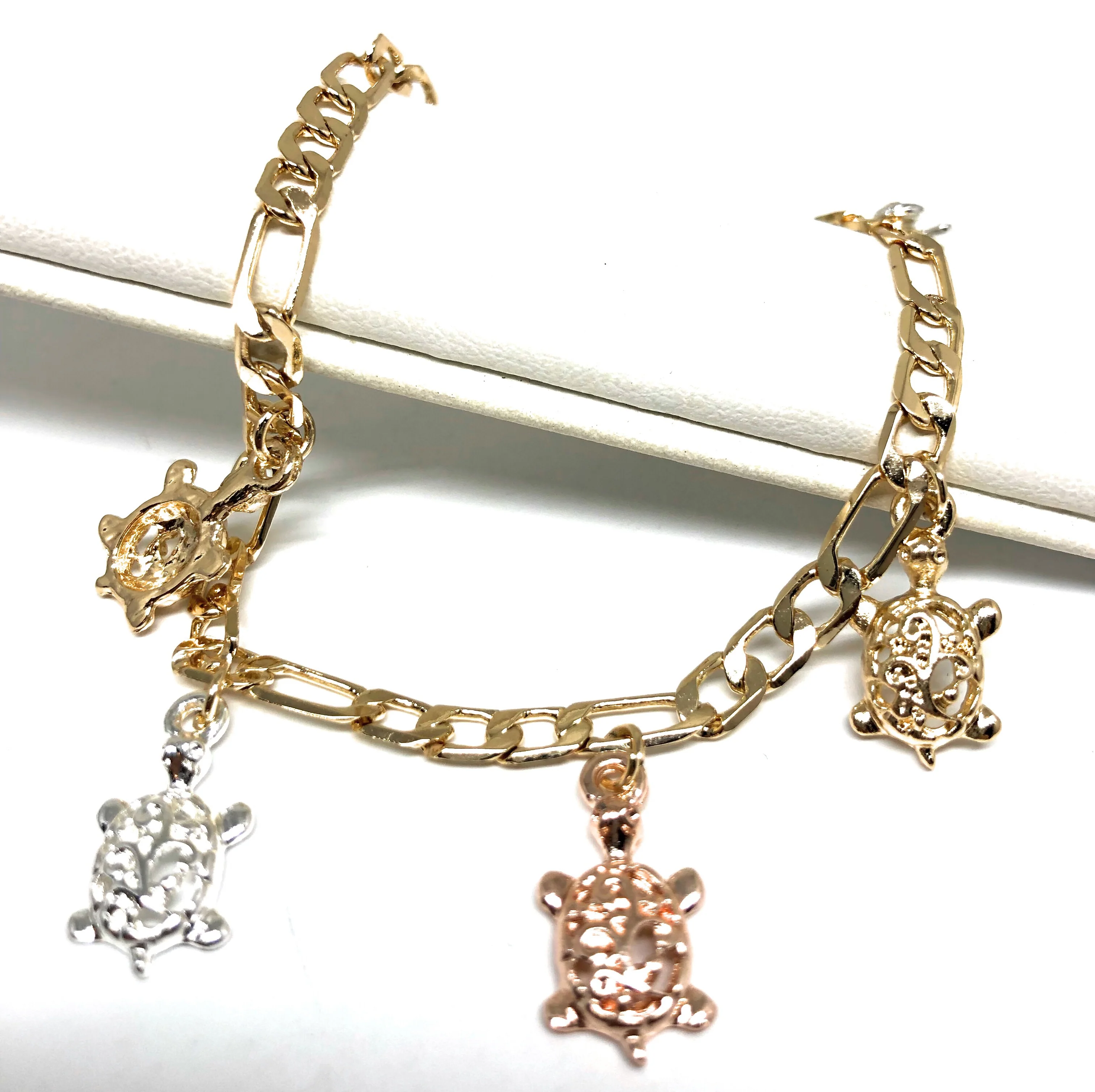 Gold Plated Tri-Color Turtle Charm Bracelet 8”