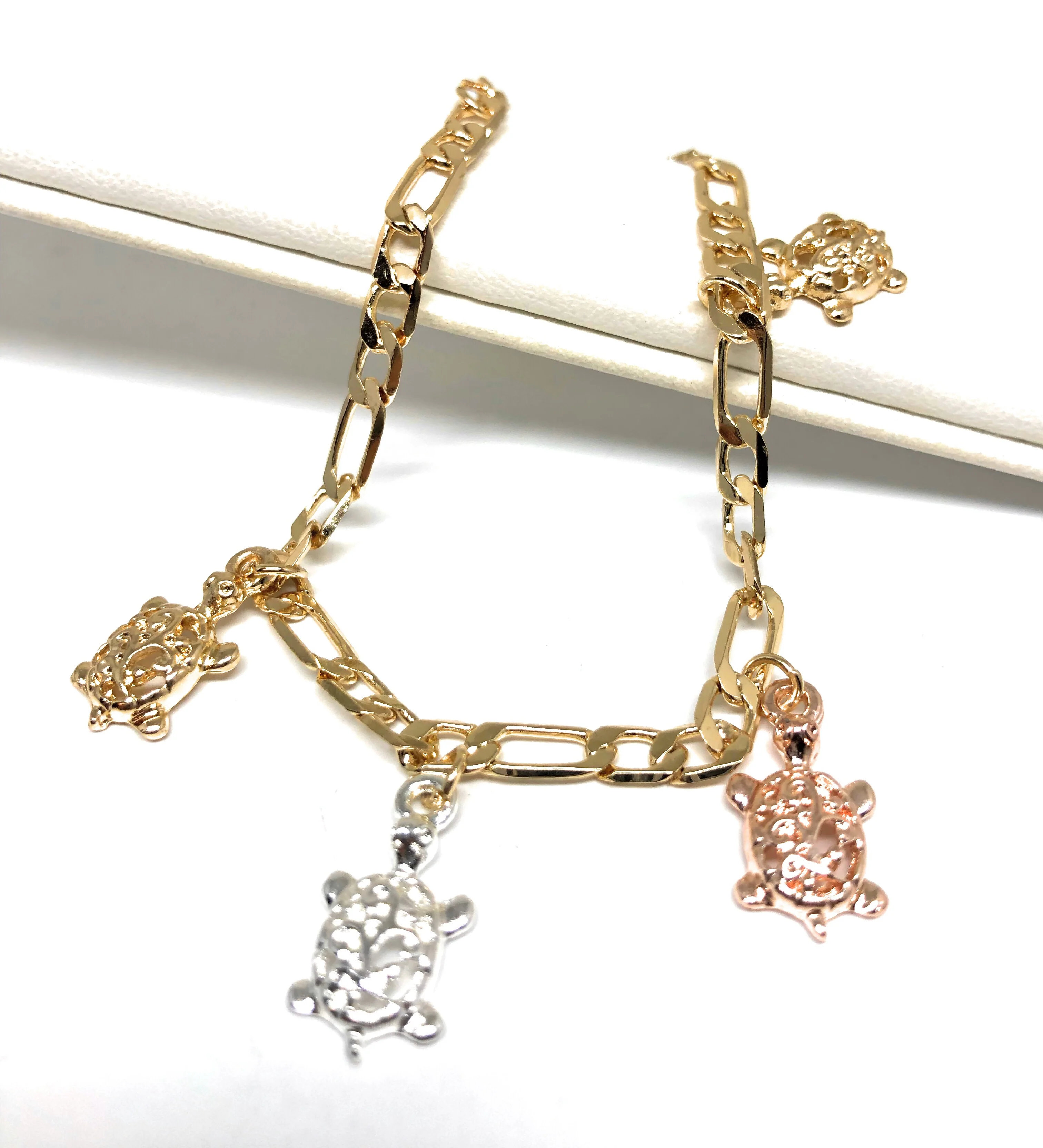 Gold Plated Tri-Color Turtle Charm Bracelet 8” - Image 2