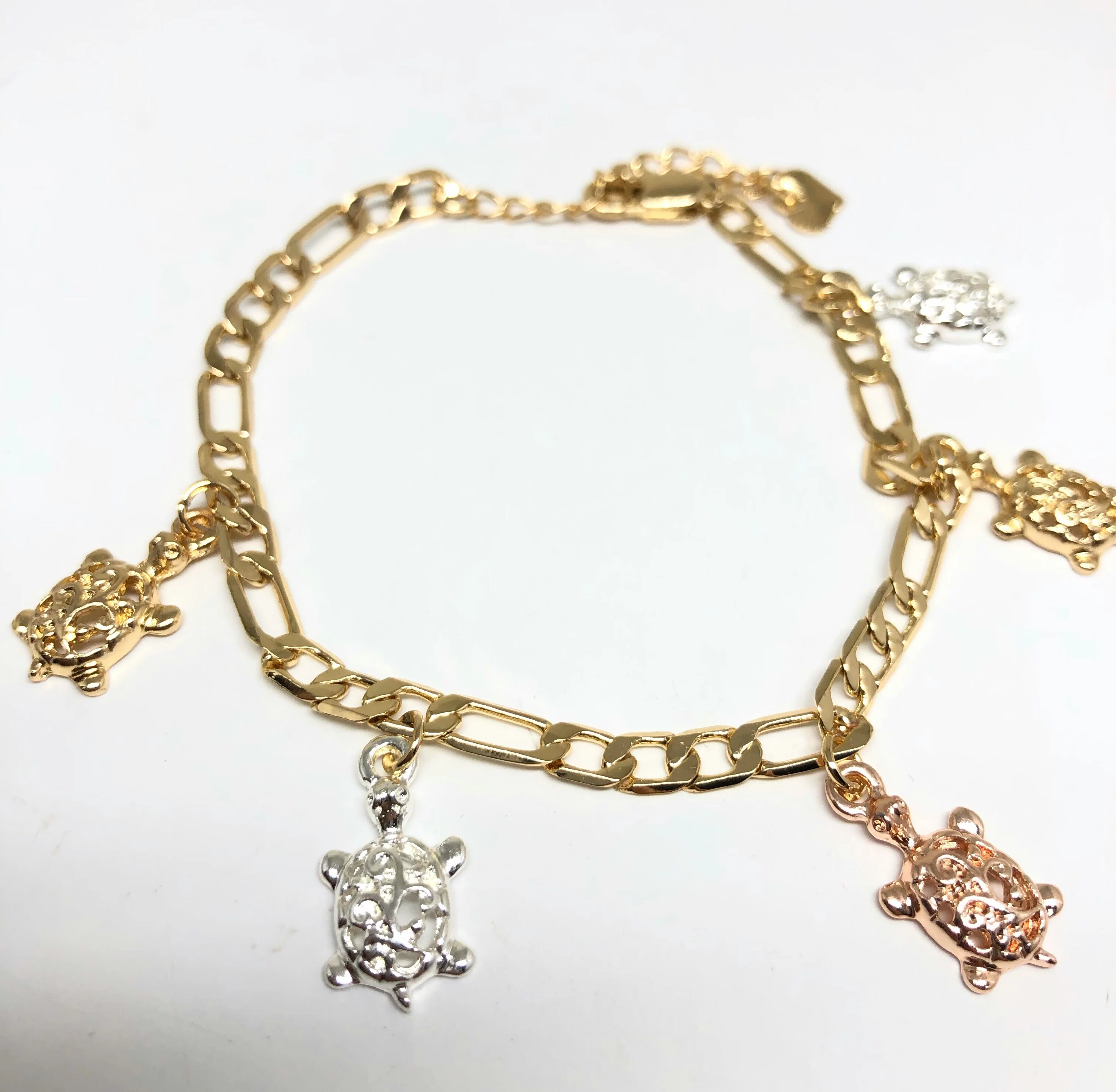 Gold Plated Tri-Color Turtle Charm Bracelet 8” - Image 3