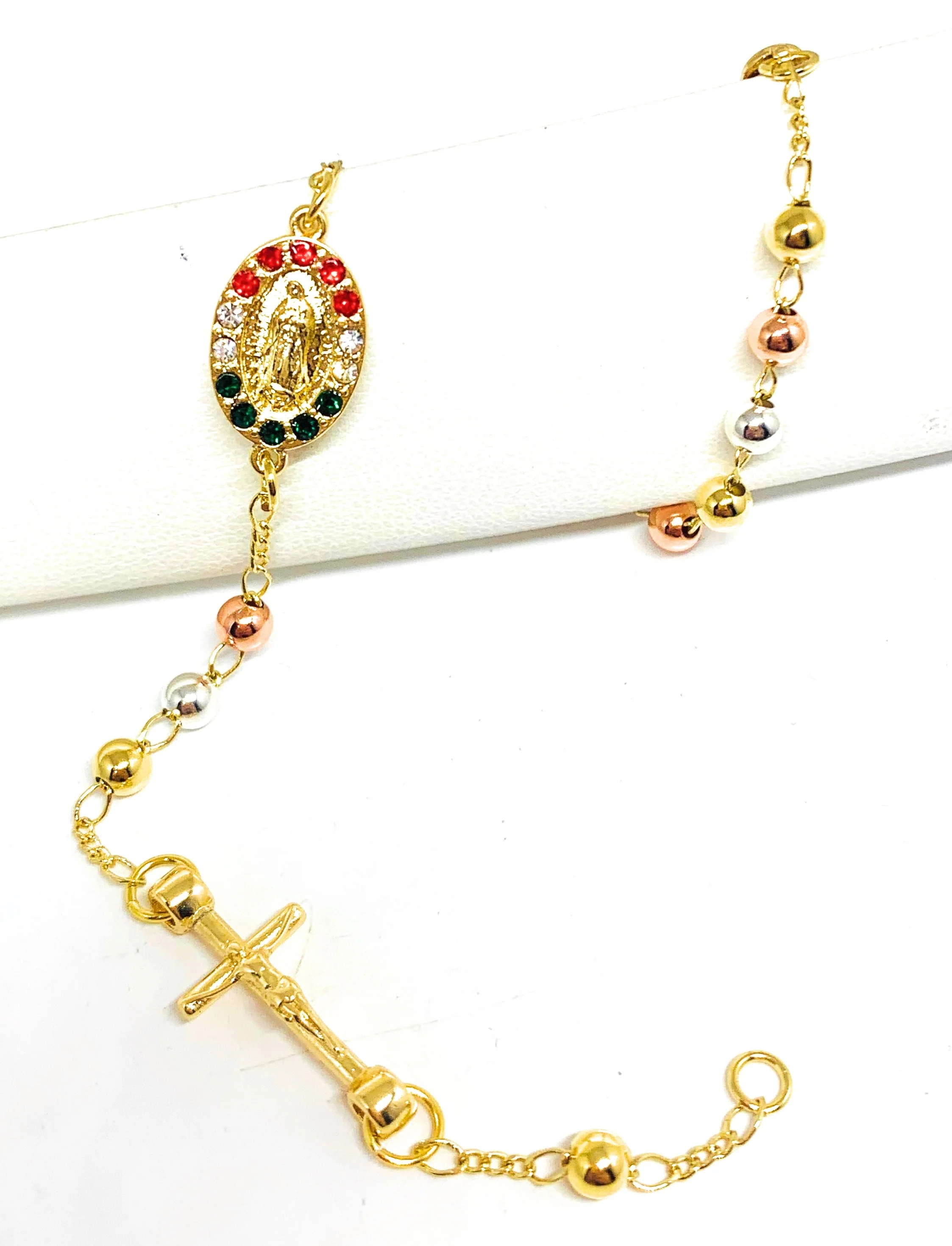 Gold Plated Tri-Color Virgin Mary Bracelet Virgen De Guadalupe Pulsera Tres Colores 8”