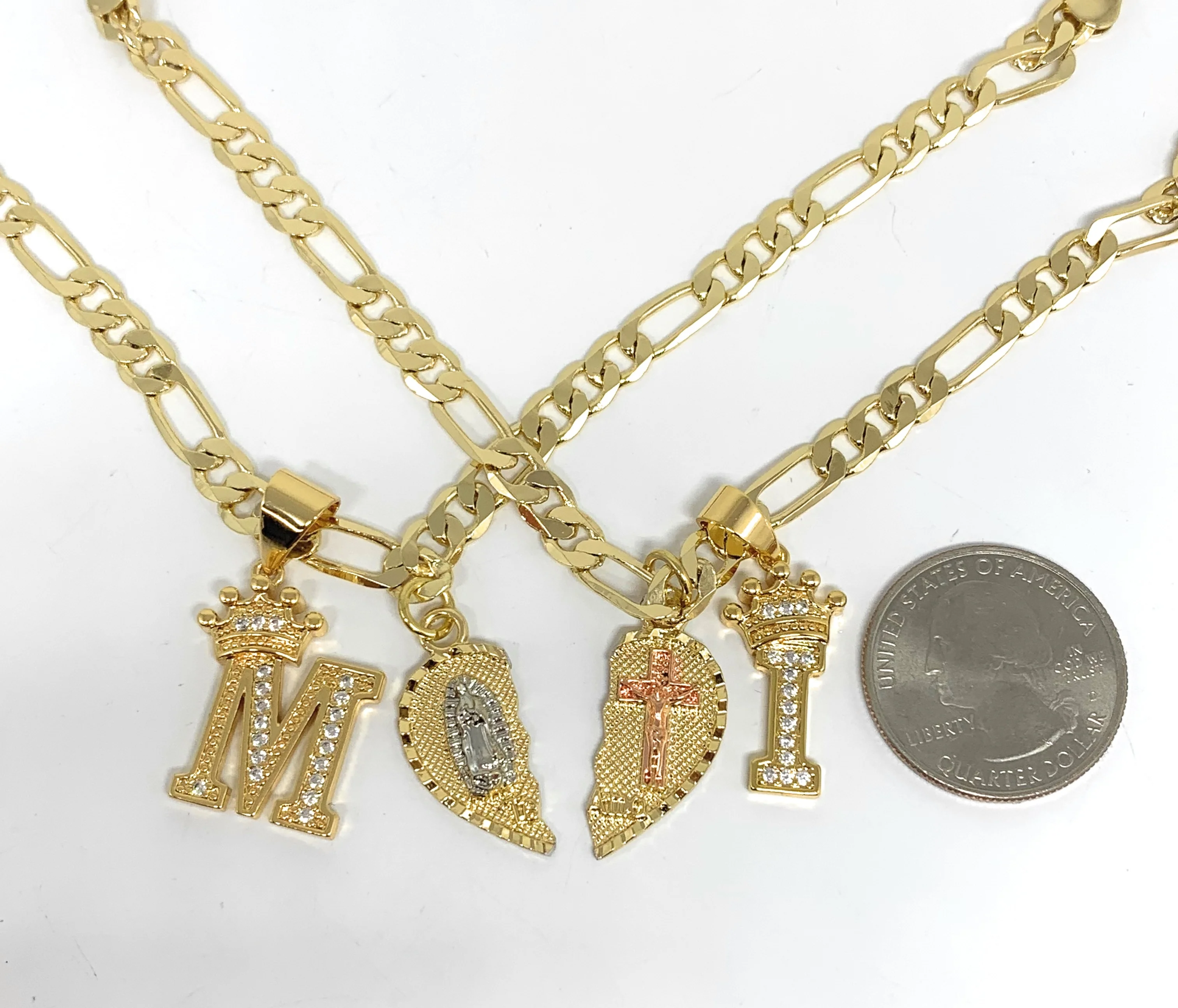 GOLD PLATED TRI-COLOR VIRGIN MARY & CHRIST "TE AMO" HEART SPLIT PENDANT & CROWN INITIAL LETTER TWO BRACELET SET 7.5” - Image 2