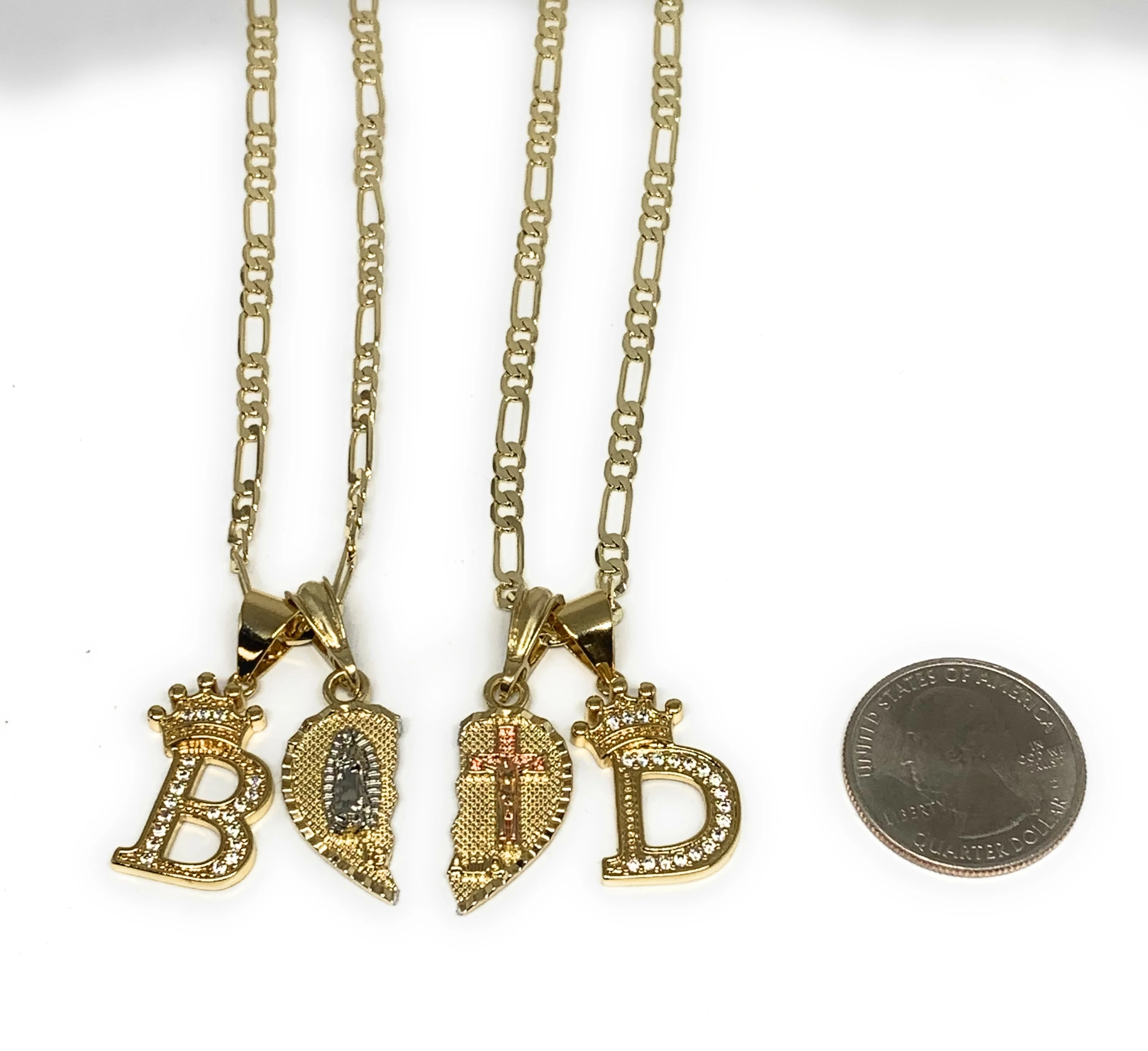 GOLD PLATED TRI-COLOR VIRGIN MARY & CHRIST "TE AMO" HEART SPLIT PENDANT & CROWN INITIAL LETTER TWO NECKLACE SET 24" - Image 2