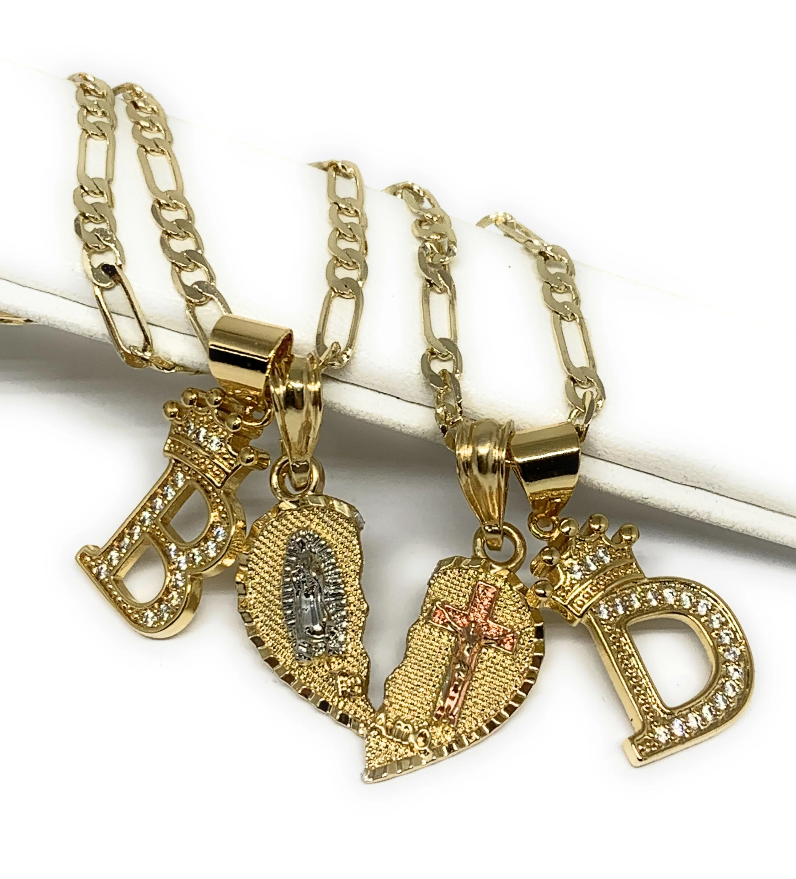 GOLD PLATED TRI-COLOR VIRGIN MARY & CHRIST "TE AMO" HEART SPLIT PENDANT & CROWN INITIAL LETTER TWO NECKLACE SET 24" - Image 3