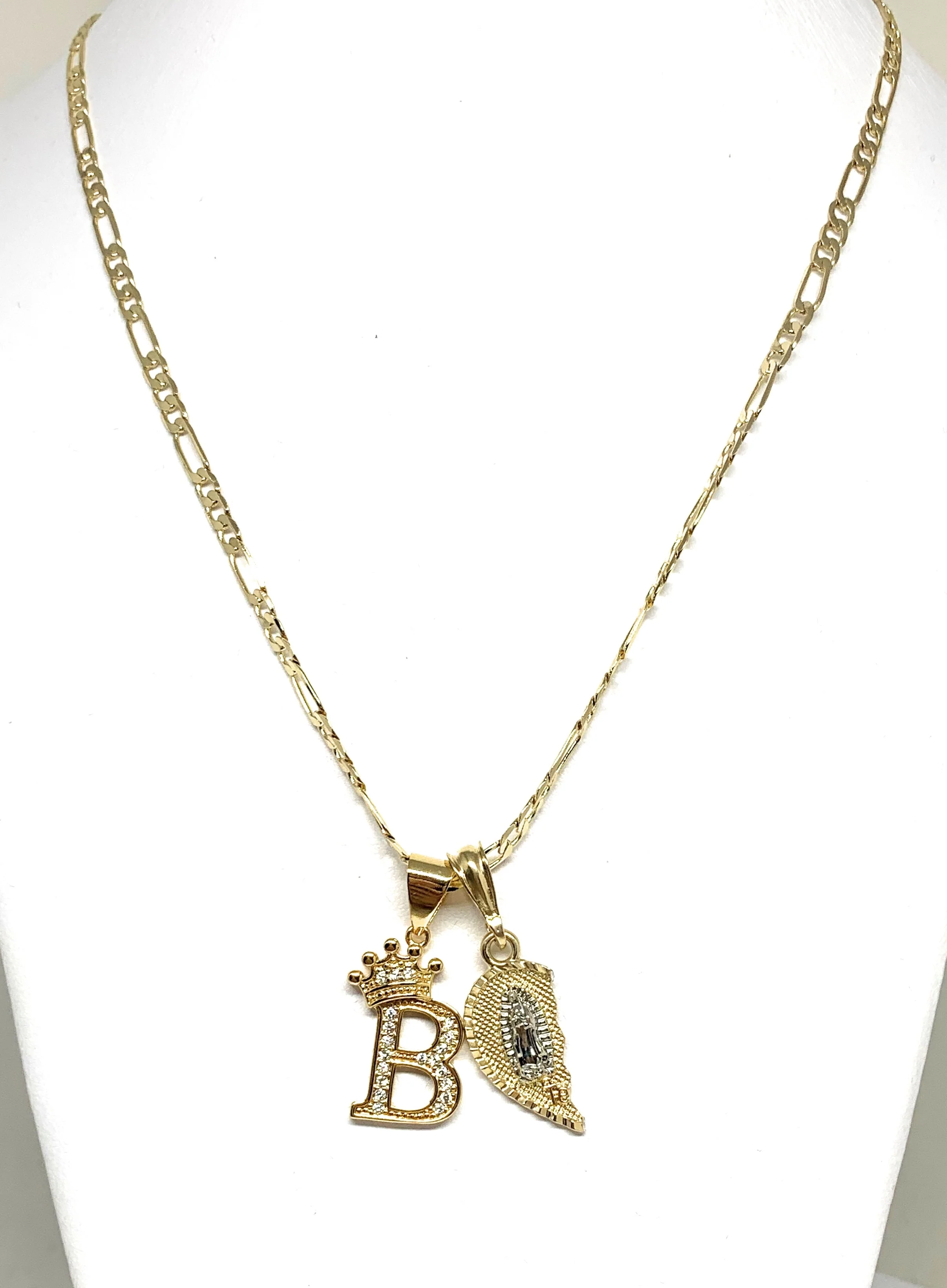 GOLD PLATED TRI-COLOR VIRGIN MARY & CHRIST "TE AMO" HEART SPLIT PENDANT & CROWN INITIAL LETTER TWO NECKLACE SET 24" - Image 4