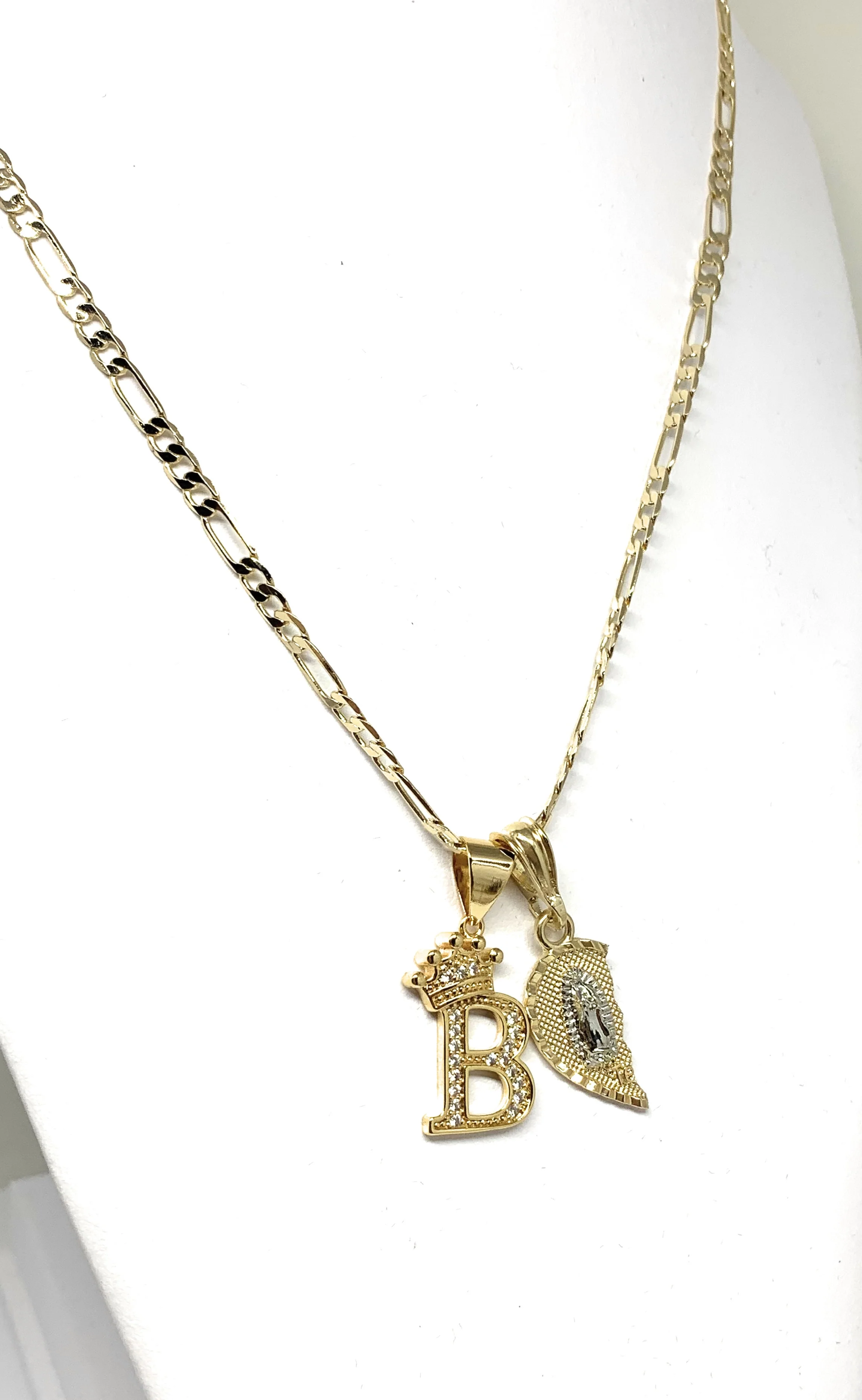 GOLD PLATED TRI-COLOR VIRGIN MARY & CHRIST "TE AMO" HEART SPLIT PENDANT & CROWN INITIAL LETTER TWO NECKLACE SET 24" - Image 5