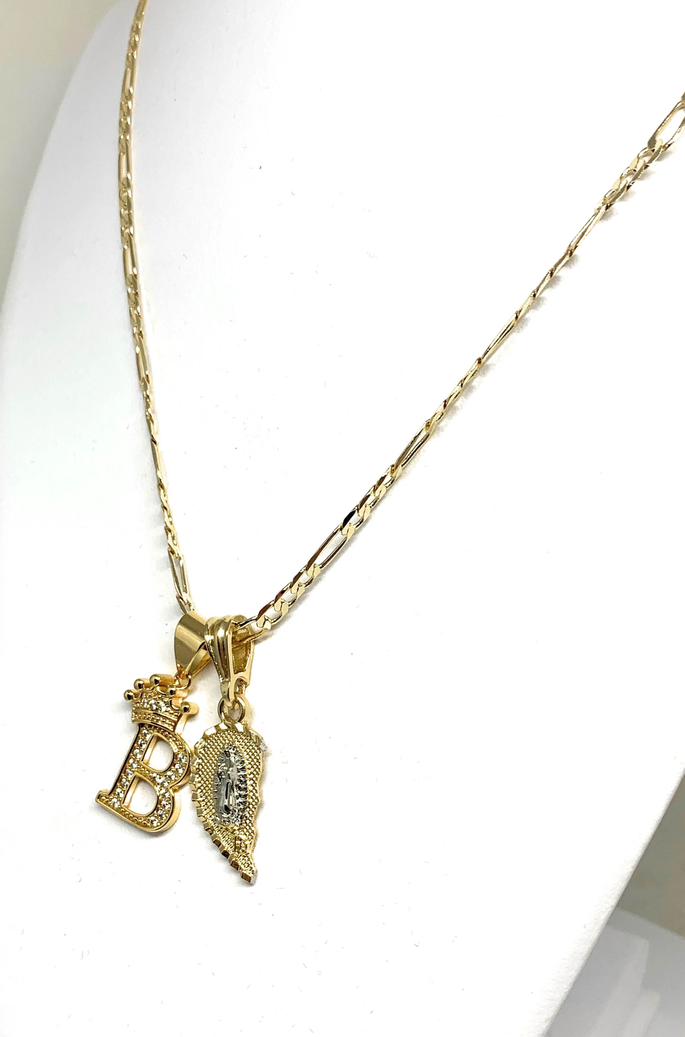 GOLD PLATED TRI-COLOR VIRGIN MARY & CHRIST "TE AMO" HEART SPLIT PENDANT & CROWN INITIAL LETTER TWO NECKLACE SET 24" - Image 6