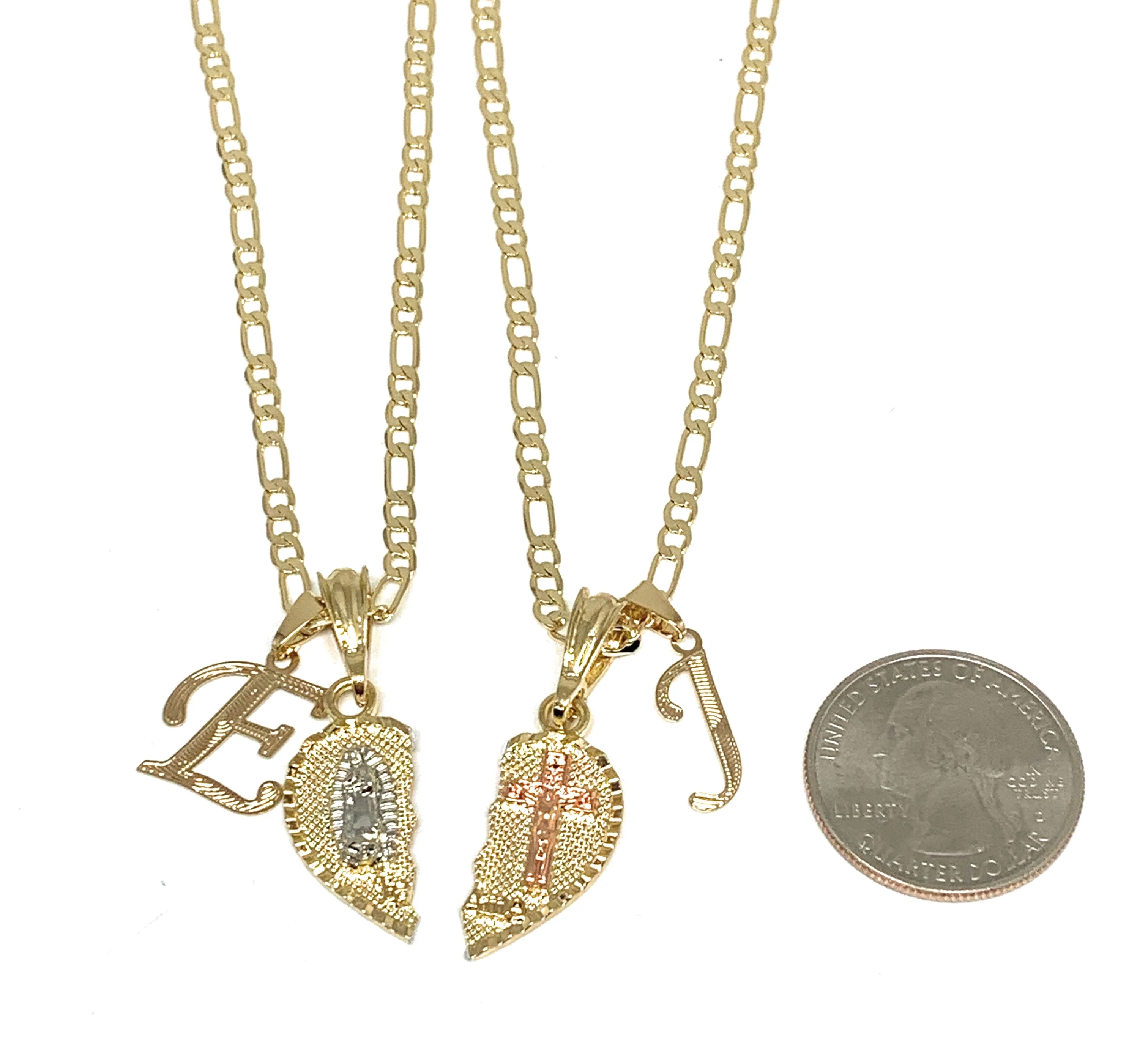 GOLD PLATED TRI-COLOR VIRGIN MARY & CHRIST "TE AMO" HEART SPLIT PENDANT & CURSIVE INITIAL LETTER TWO NECKLACE SET 24" - Image 2