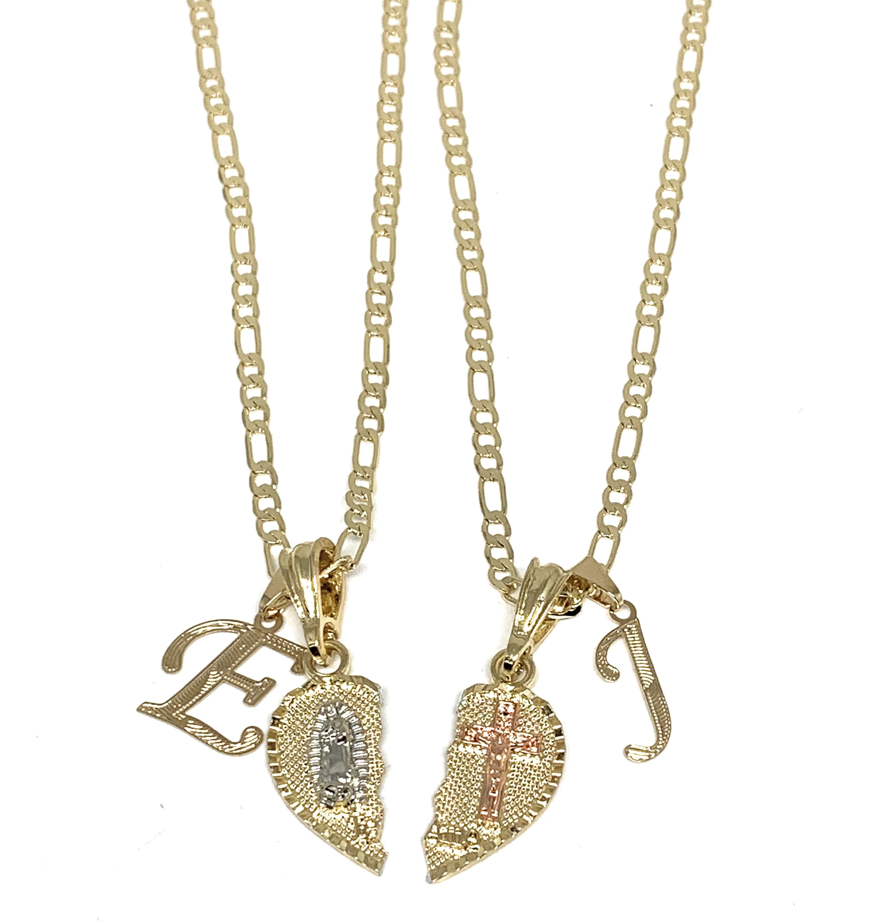 GOLD PLATED TRI-COLOR VIRGIN MARY & CHRIST "TE AMO" HEART SPLIT PENDANT & CURSIVE INITIAL LETTER TWO NECKLACE SET 24" - Image 3