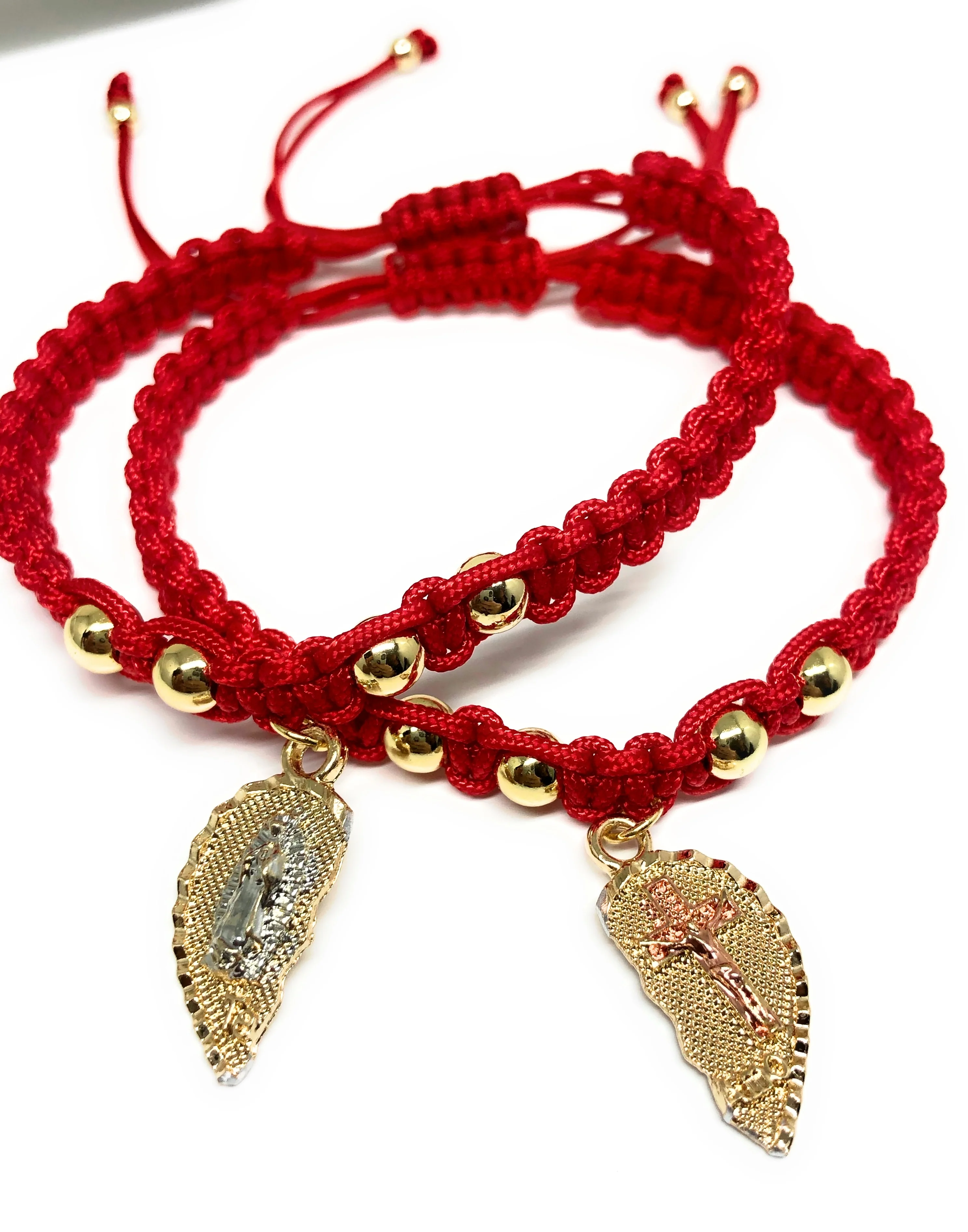 Gold Plated Tri-Color Virgin Mary & Christ "Te Amo" Heart Split Pendant HAND BRAIDED ADJUSTABLE TWO BRACELET SET 7.5” - Image 2