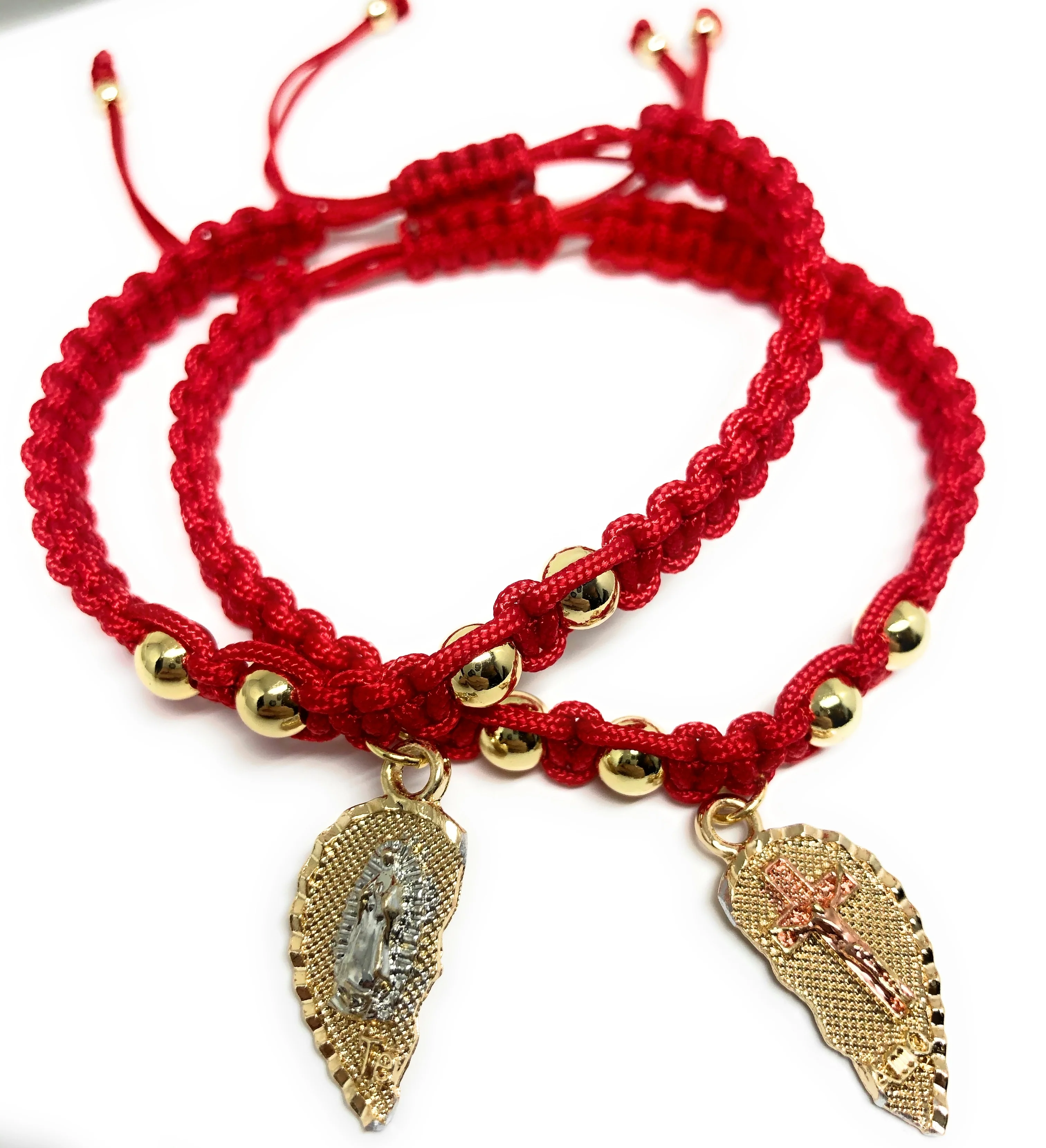 Gold Plated Tri-Color Virgin Mary & Christ "Te Amo" Heart Split Pendant HAND BRAIDED ADJUSTABLE TWO BRACELET SET 7.5” - Image 4