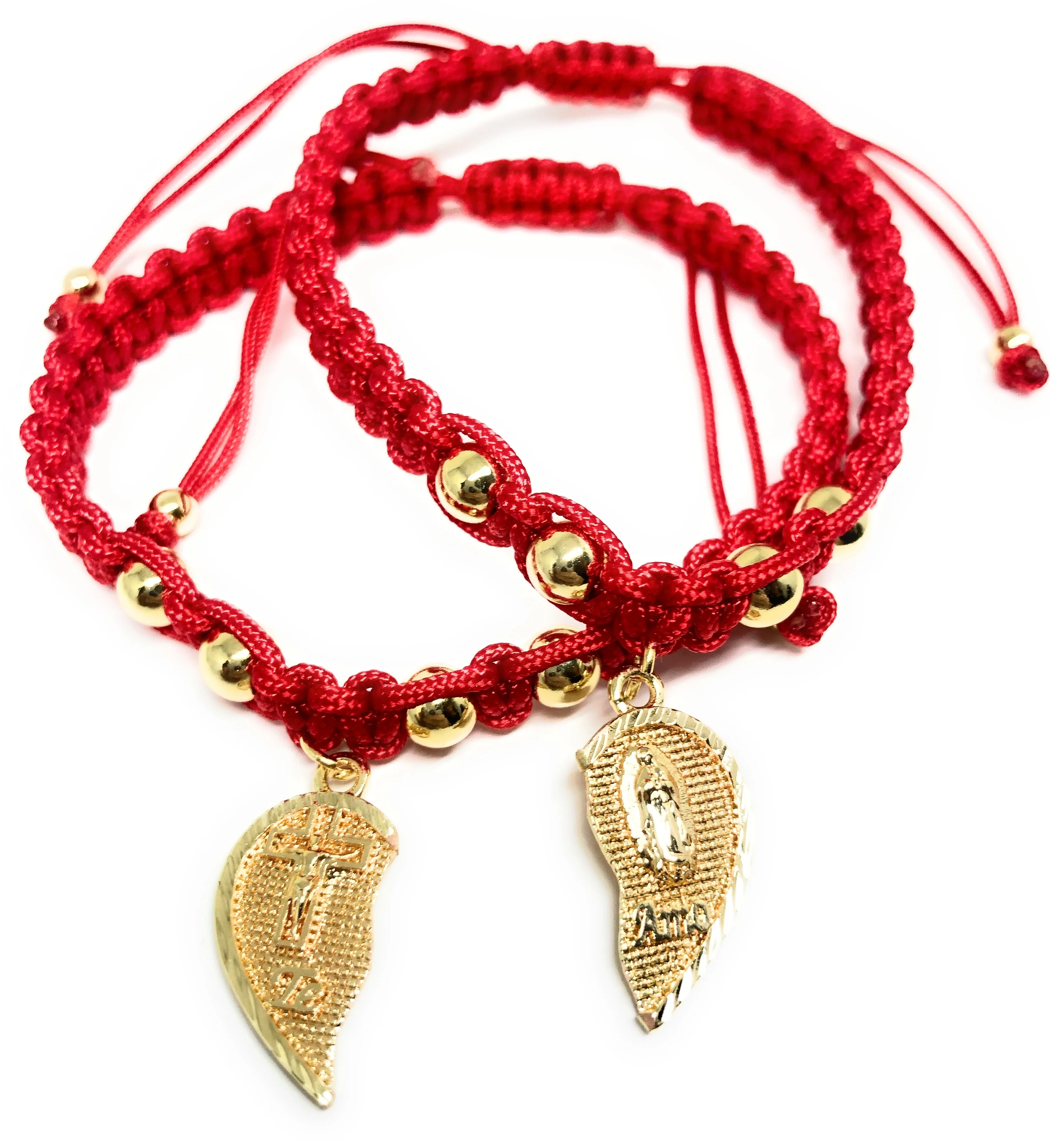Gold Plated Tri-Color Virgin Mary & Christ "Te Amo" Heart Split Pendant HAND BRAIDED ADJUSTABLE TWO BRACELET SET 7.5” - Image 5