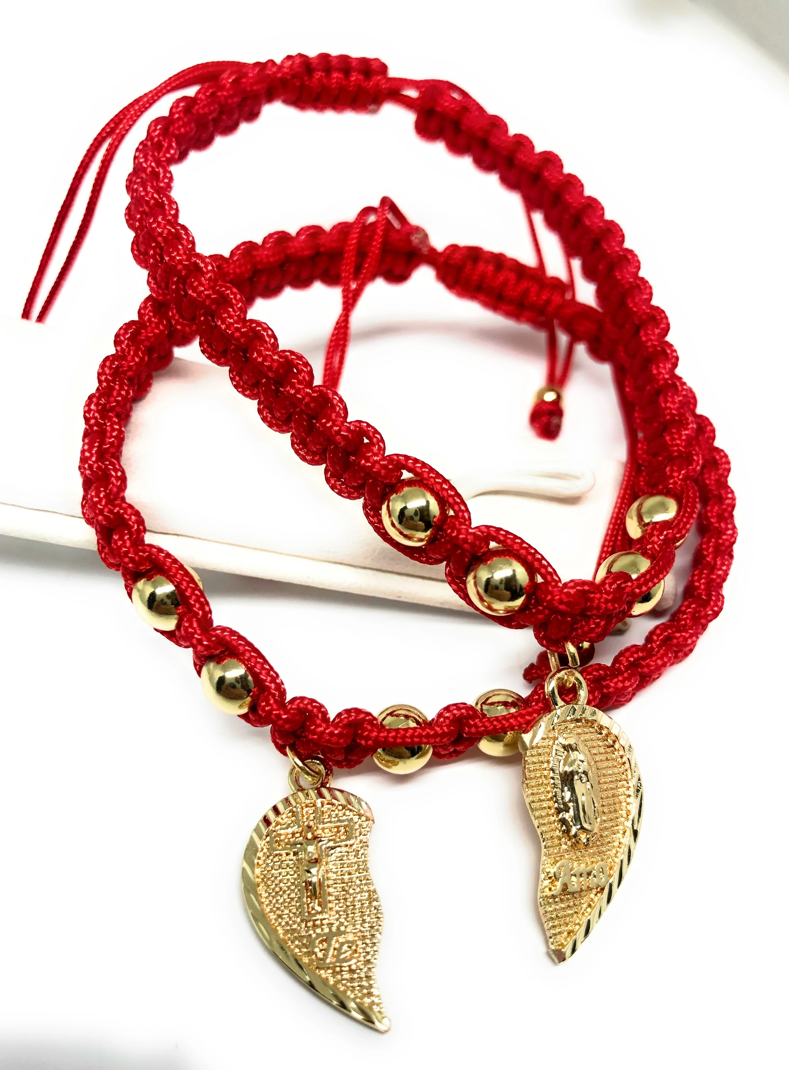 Gold Plated Tri-Color Virgin Mary & Christ "Te Amo" Heart Split Pendant HAND BRAIDED ADJUSTABLE TWO BRACELET SET 7.5” - Image 7
