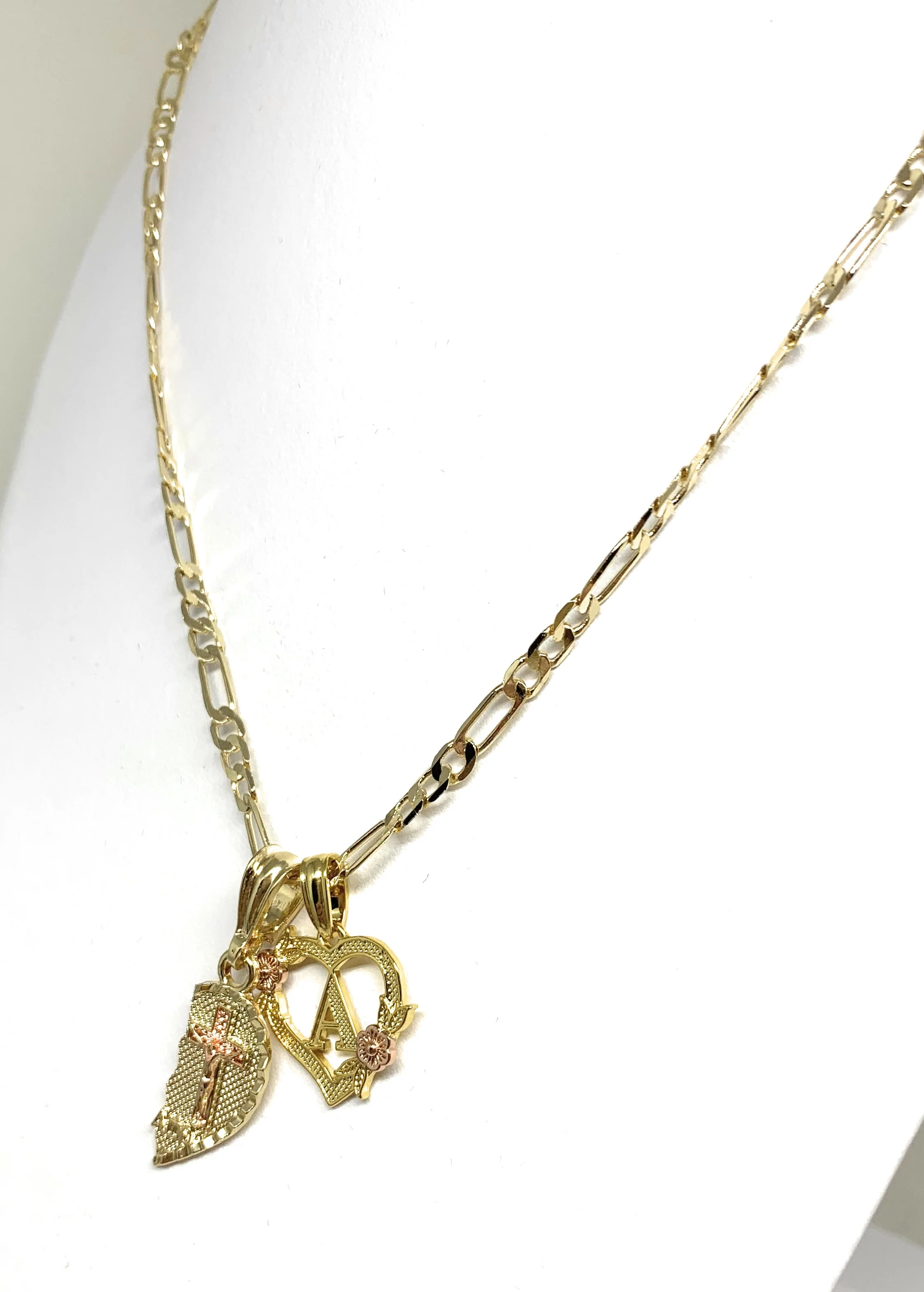 GOLD PLATED TRI-COLOR VIRGIN MARY & CHRIST "TE AMO" HEART SPLIT PENDANT & HEART INITIAL LETTER TWO NECKLACE SET 24" - Image 6
