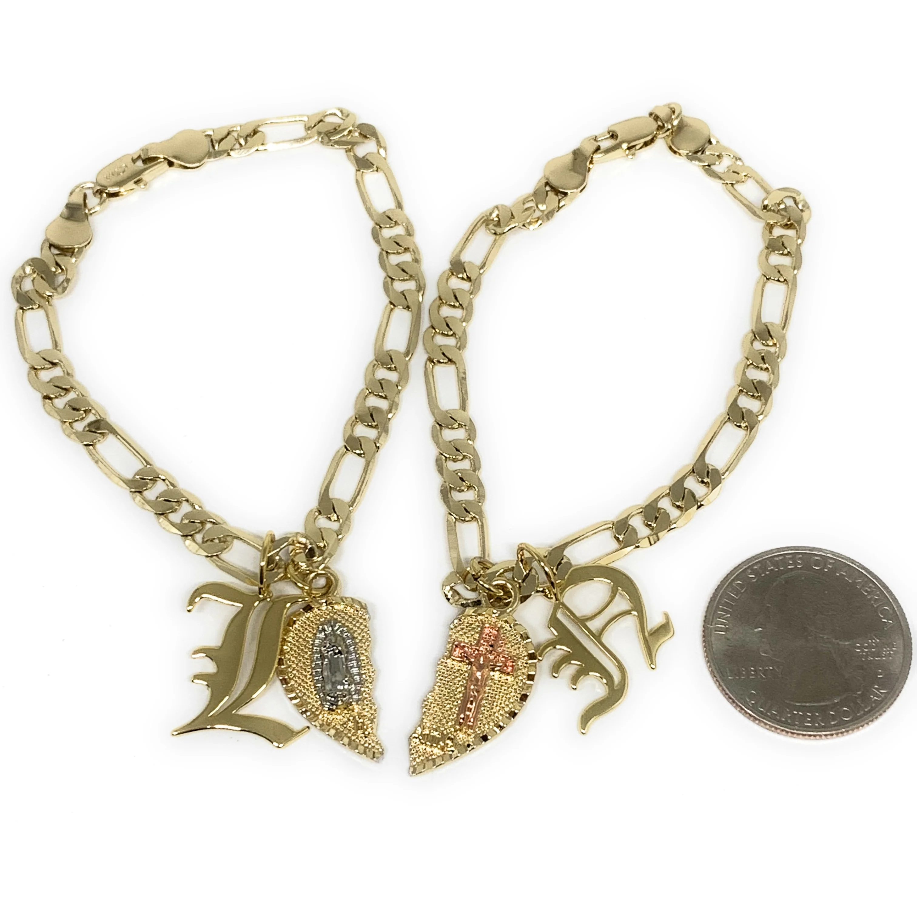 GOLD PLATED TRI-COLOR VIRGIN MARY & CHRIST "TE AMO" HEART SPLIT PENDANT & OLD ENGLISH INITIAL LETTER TWO BRACELET SET 7.5” - Image 2