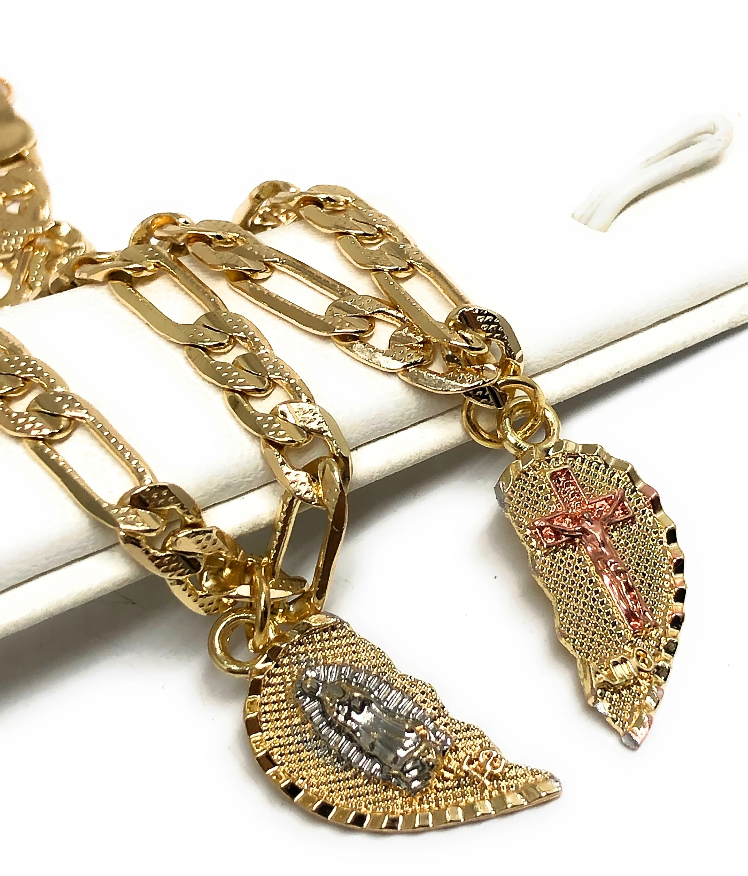 Gold Plated Tri-Color Virgin Mary & Christ "Te Amo" Heart Split Pendant TWO BRACELET SET 7.5” - Image 3