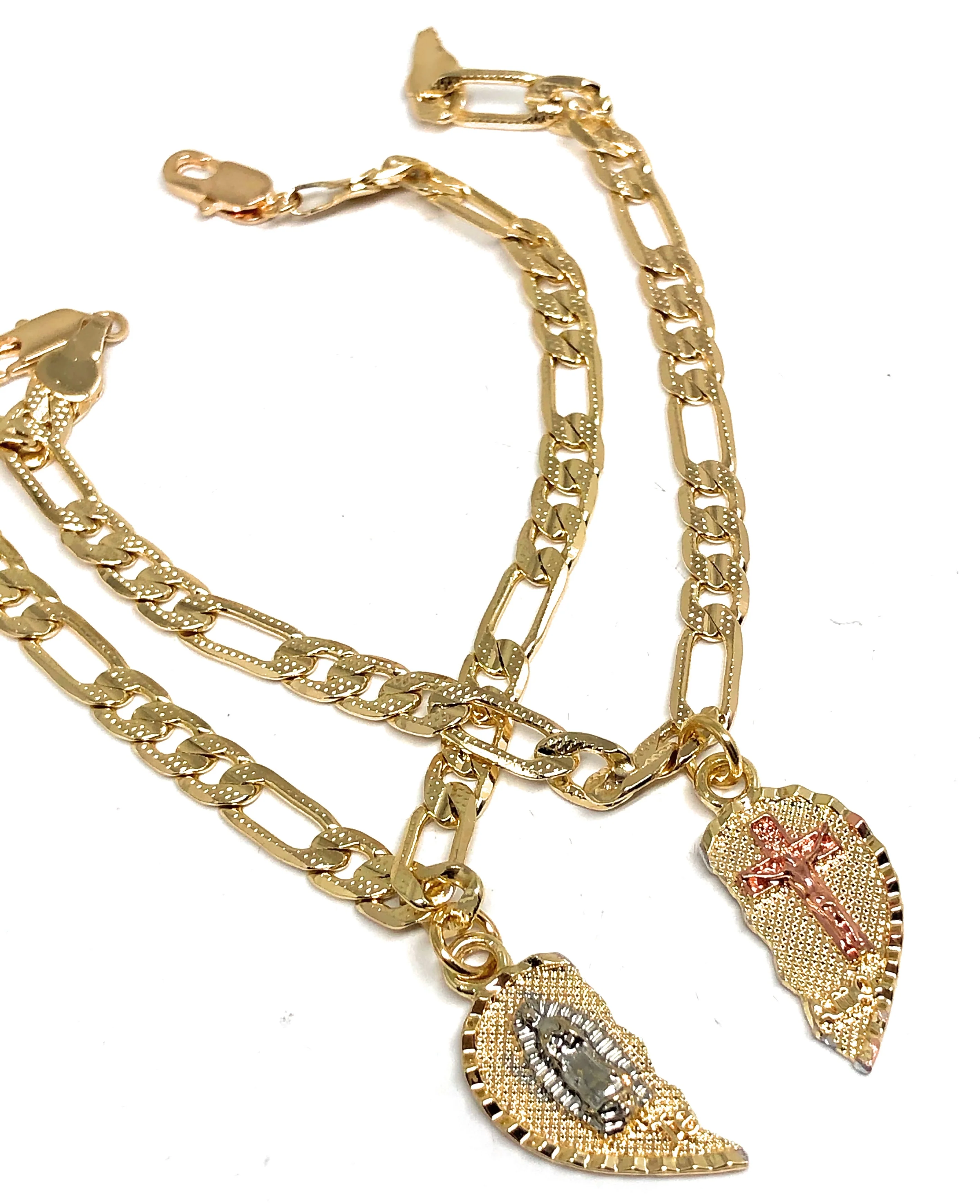 Gold Plated Tri-Color Virgin Mary & Christ "Te Amo" Heart Split Pendant TWO BRACELET SET 7.5” - Image 4