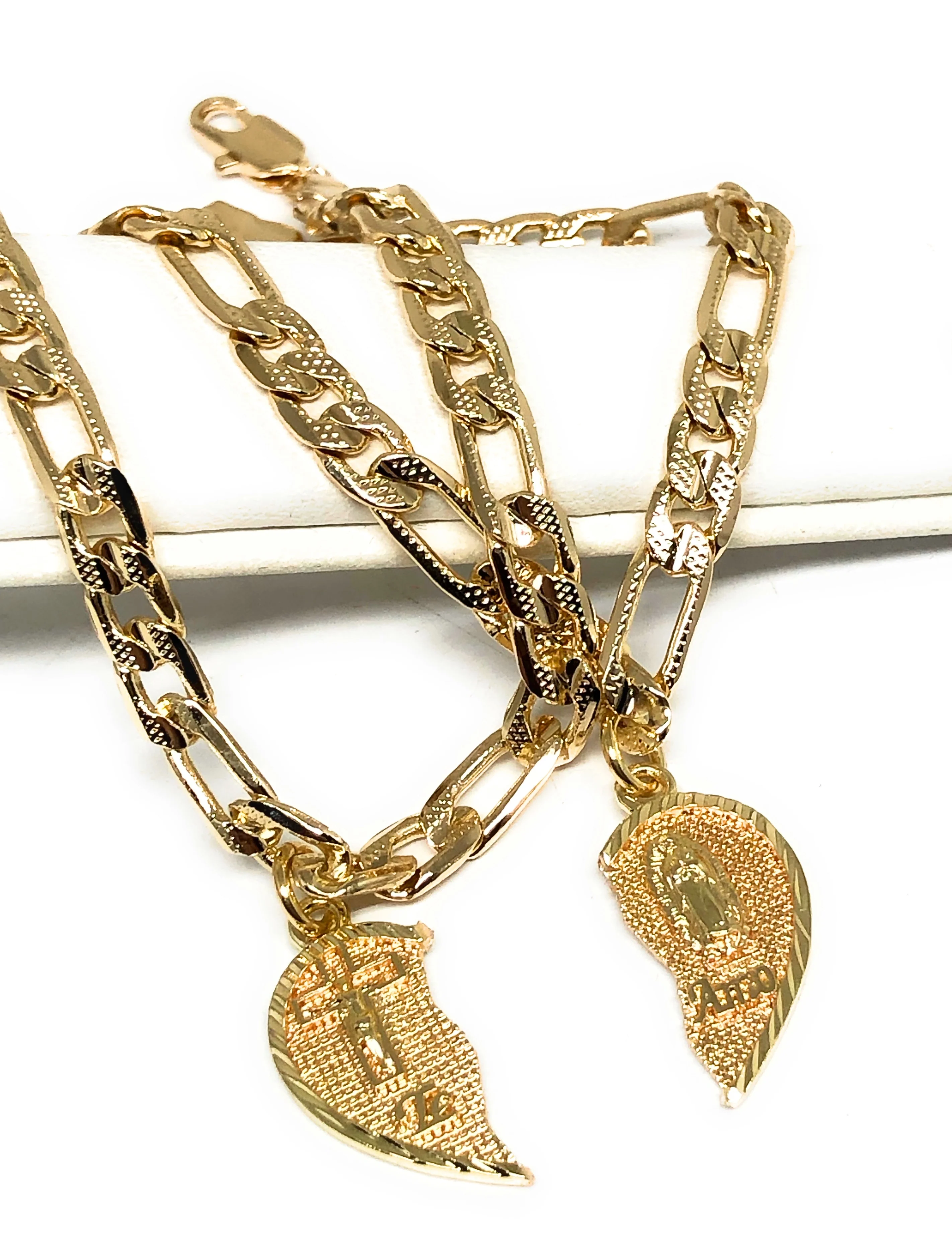 Gold Plated Tri-Color Virgin Mary & Christ "Te Amo" Heart Split Pendant TWO BRACELET SET 7.5” - Image 5
