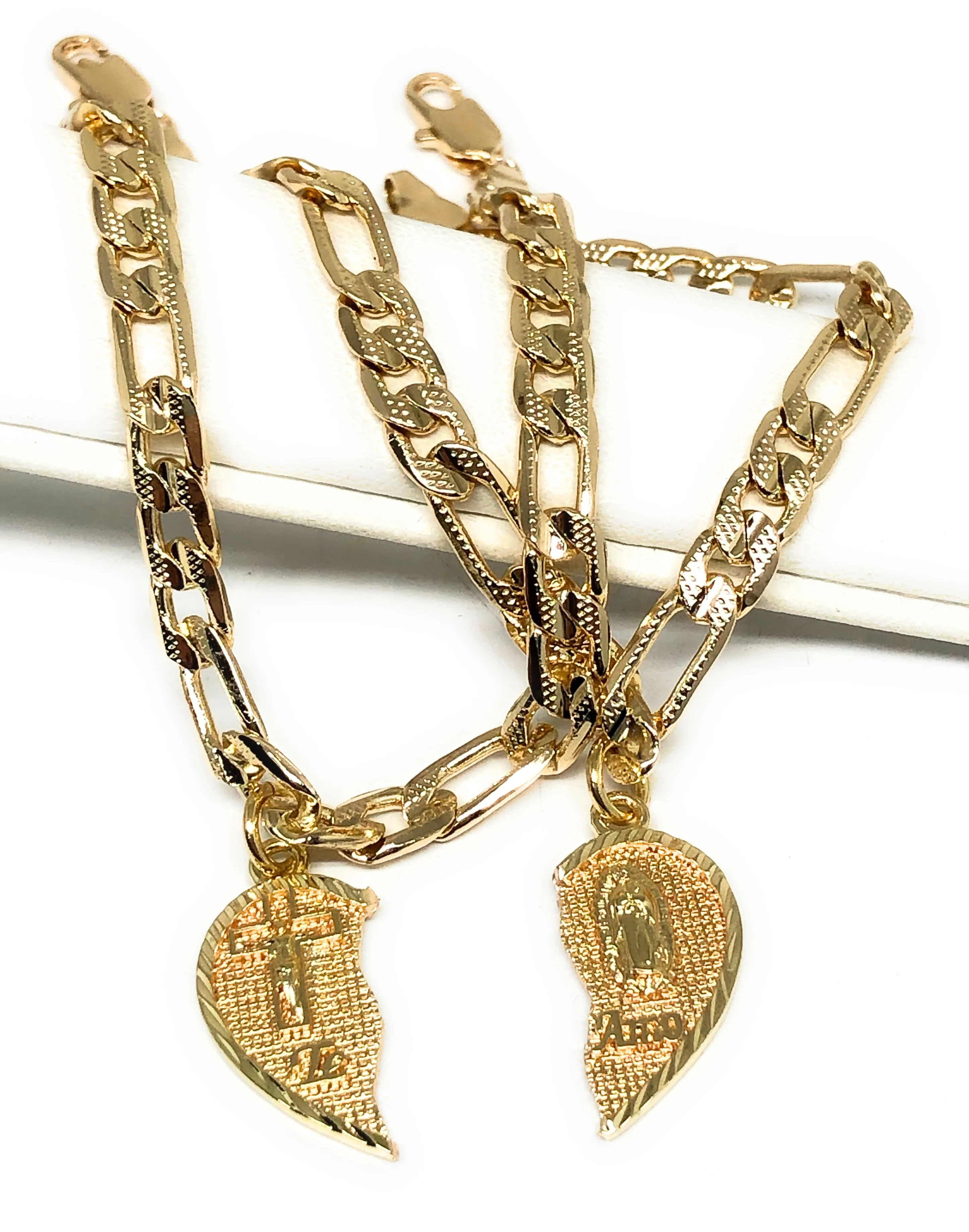 Gold Plated Tri-Color Virgin Mary & Christ "Te Amo" Heart Split Pendant TWO BRACELET SET 7.5” - Image 8