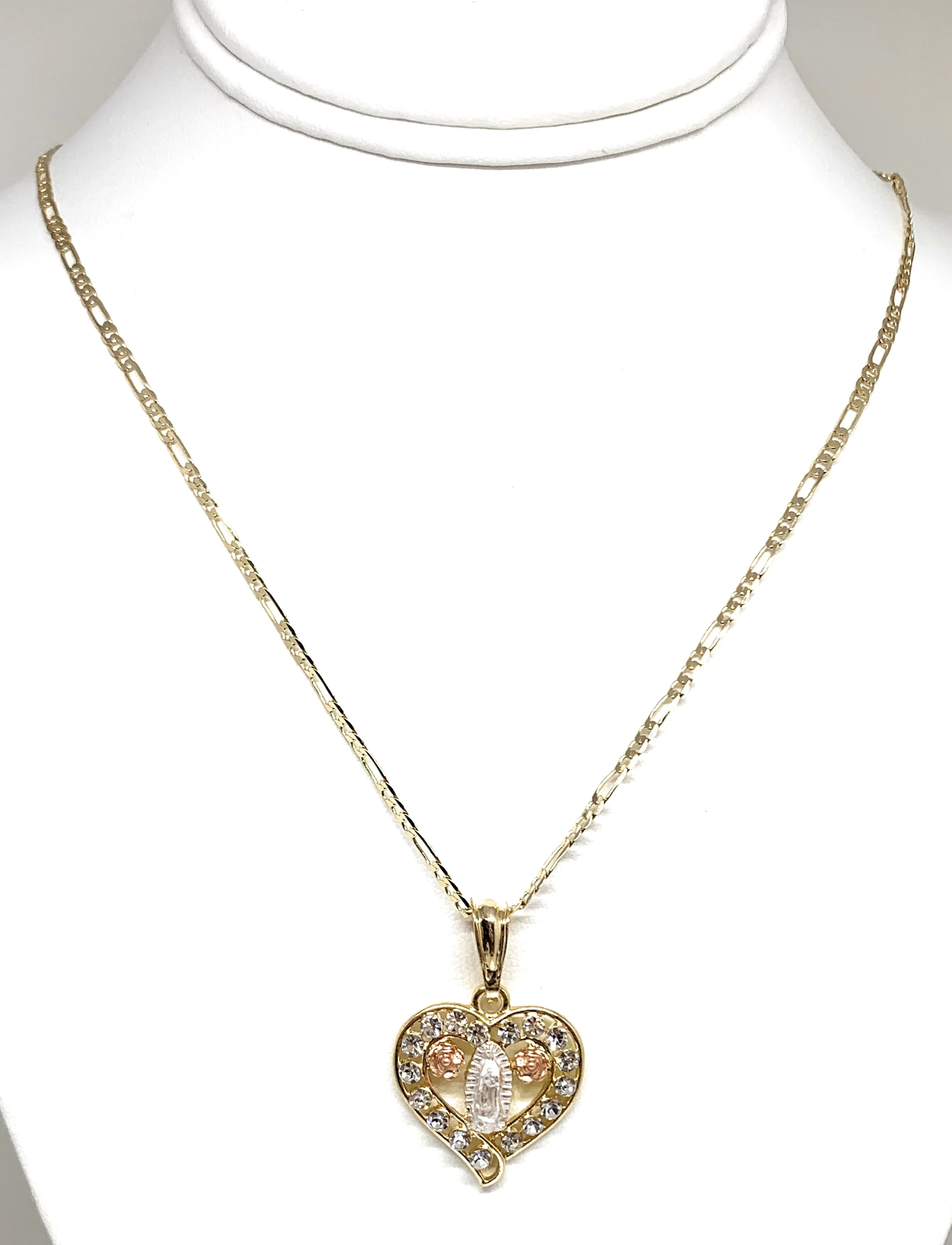 Gold Plated Tri-Color Virgin Mary CZ Heart Pendant Necklace Figaro 24" Virgen de Guadalupe Medalla - Image 3