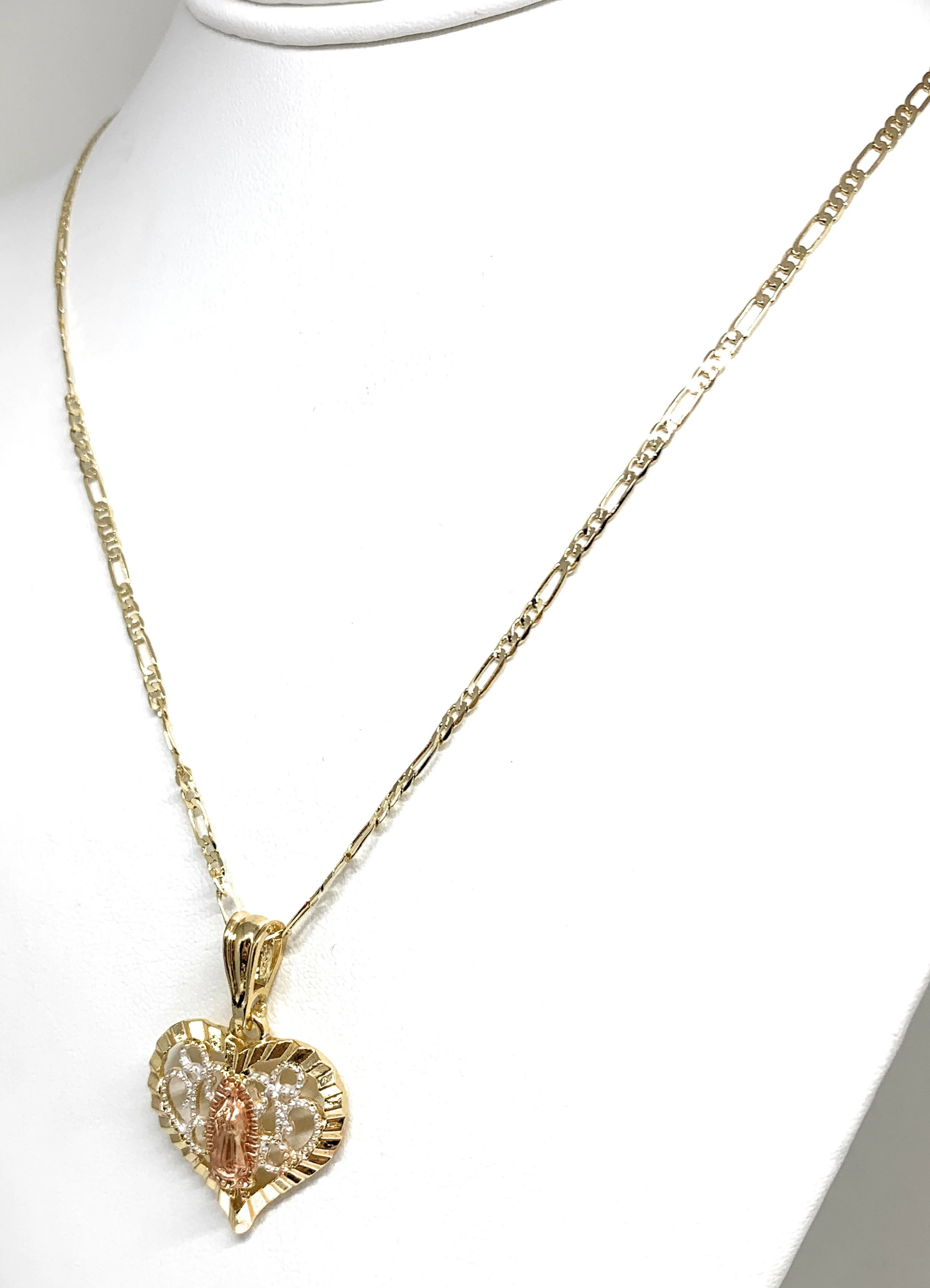 Gold Plated Tri-Color Virgin Mary CZ Heart Pendant Necklace Figaro 24" Virgen de Guadalupe Medalla - Image 4