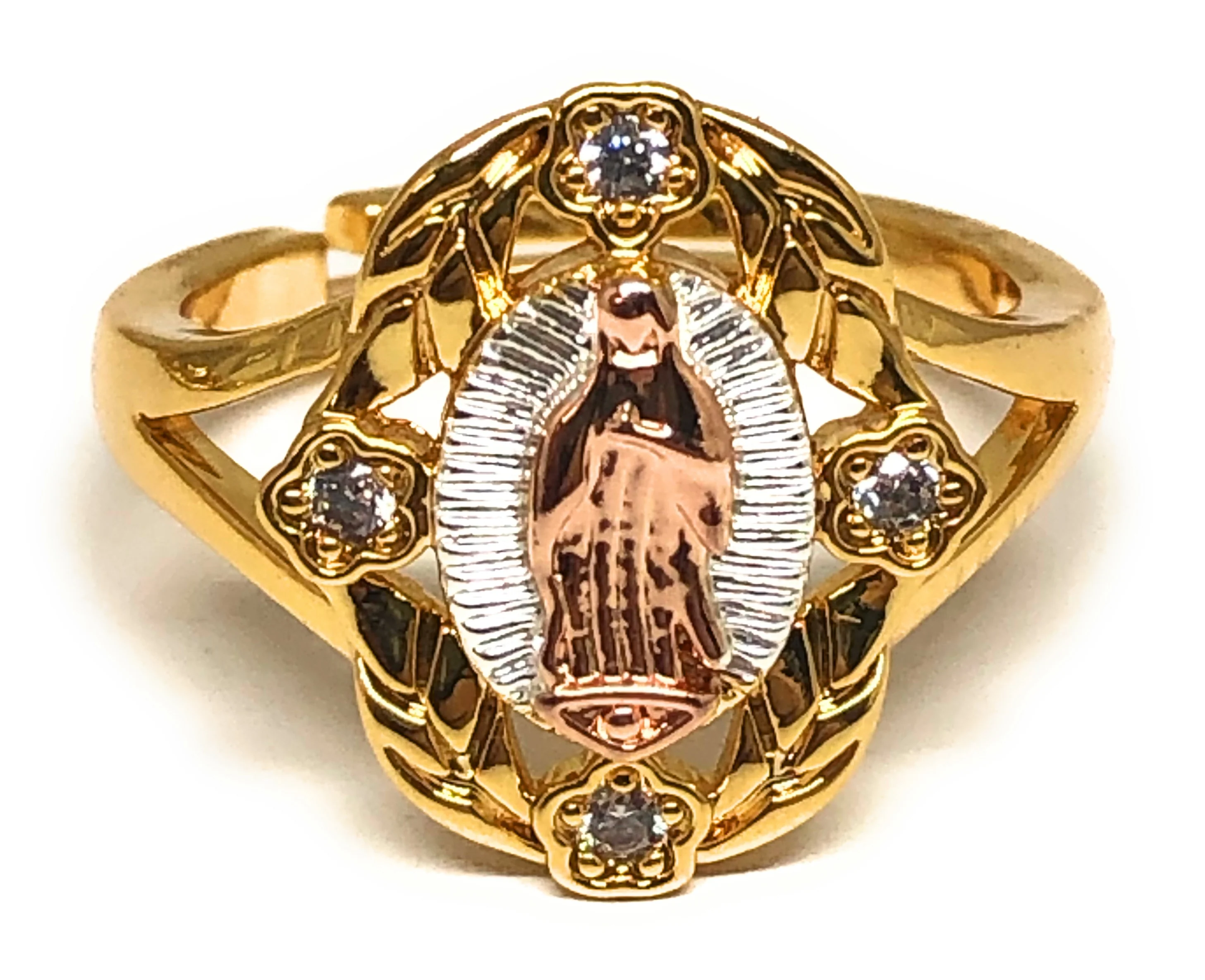 Gold Plated Tri-Color Virgin Mary CZ  Ring Virgen Guadalupe Anillo Adjustable Sizes (5-12)