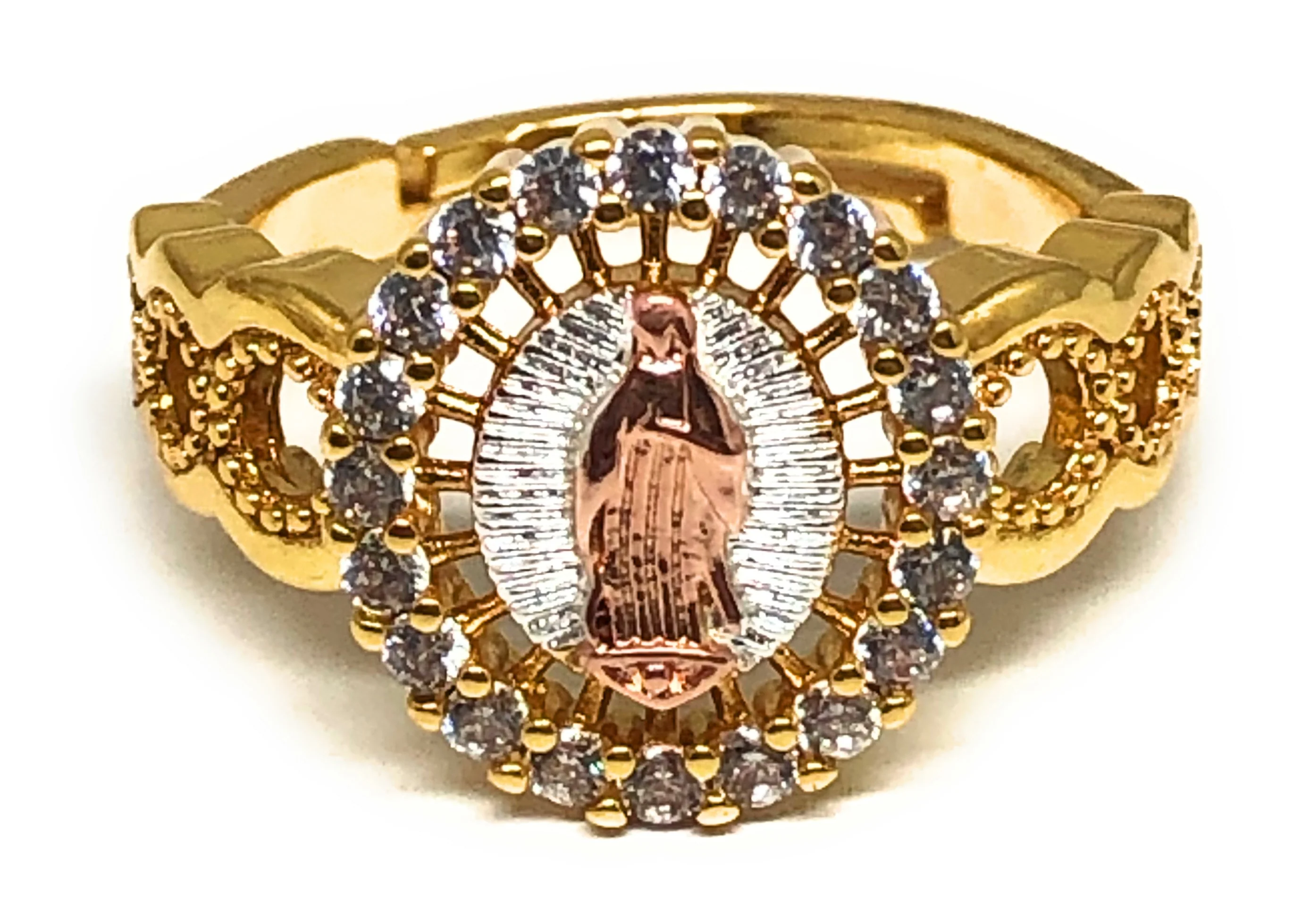 Gold Plated Tri-Color Virgin Mary CZ  Ring Virgen Guadalupe Anillo Adjustable Sizes (5-12)
