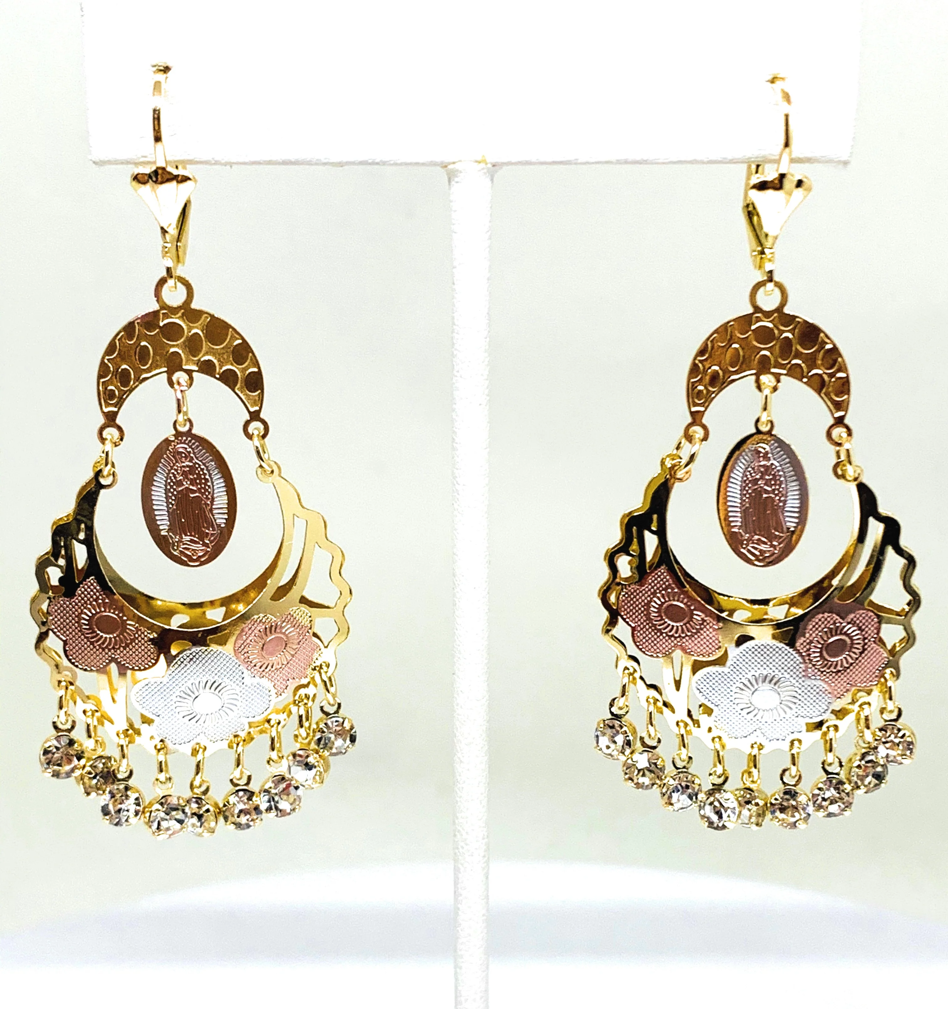 Gold Plated Tri Color Virgin Mary Dangle Basket Earrings Virgen Guadalupe Aretes Canasta Tres Colores - Image 10