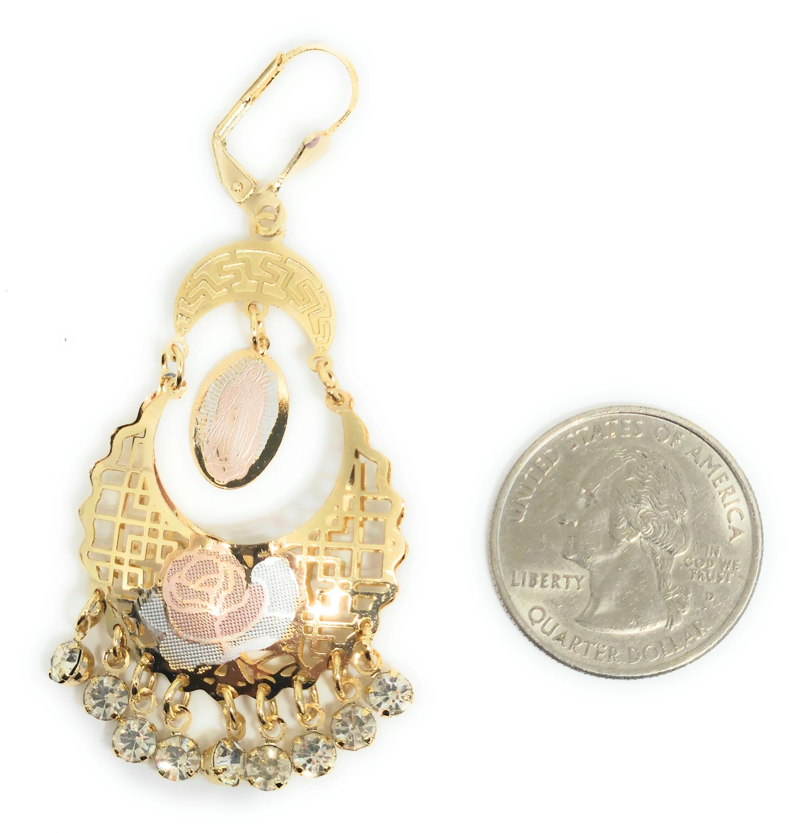 Gold Plated Tri Color Virgin Mary Dangle Basket Earrings Virgen Guadalupe Aretes Canasta Tres Colores - Image 2