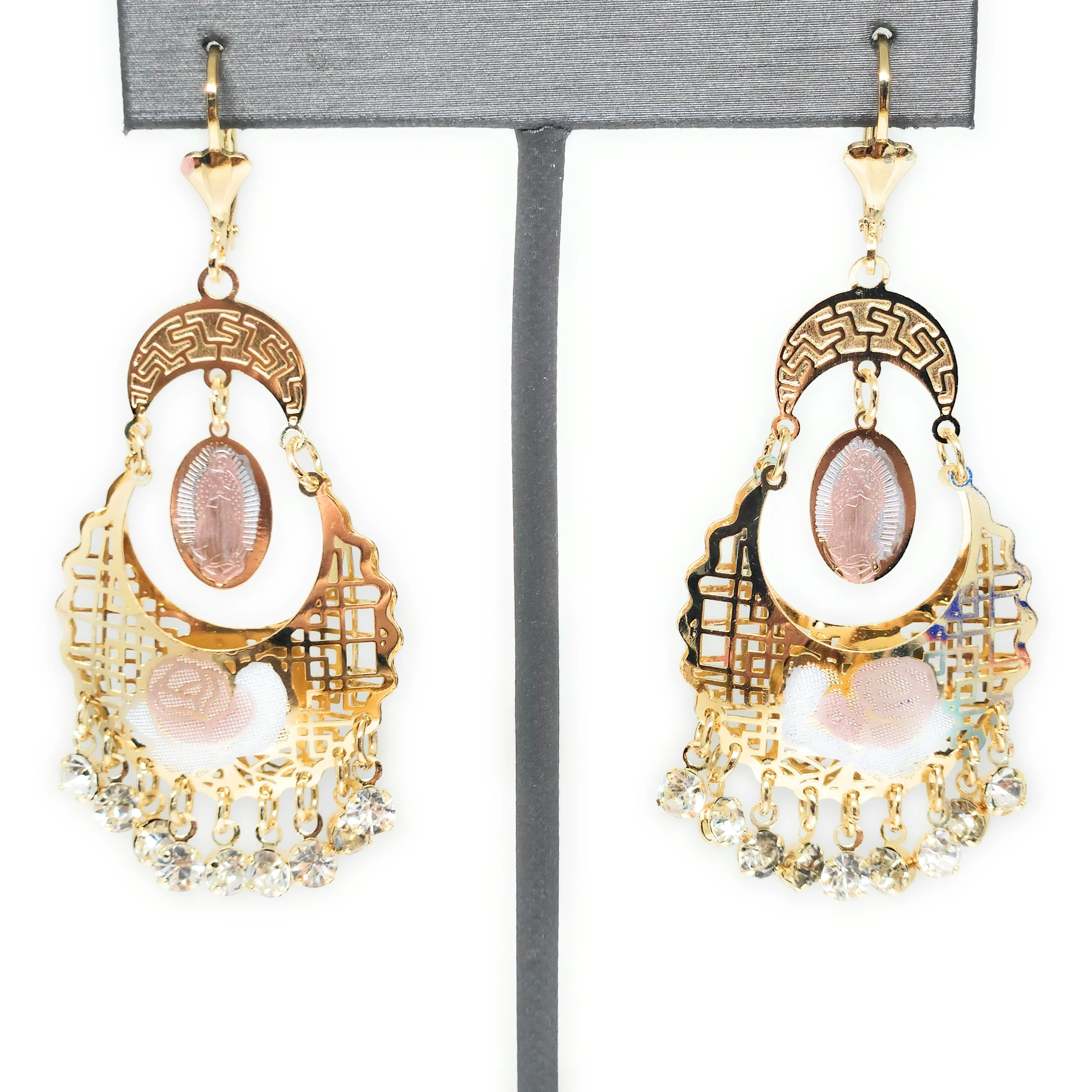 Gold Plated Tri Color Virgin Mary Dangle Basket Earrings Virgen Guadalupe Aretes Canasta Tres Colores - Image 3