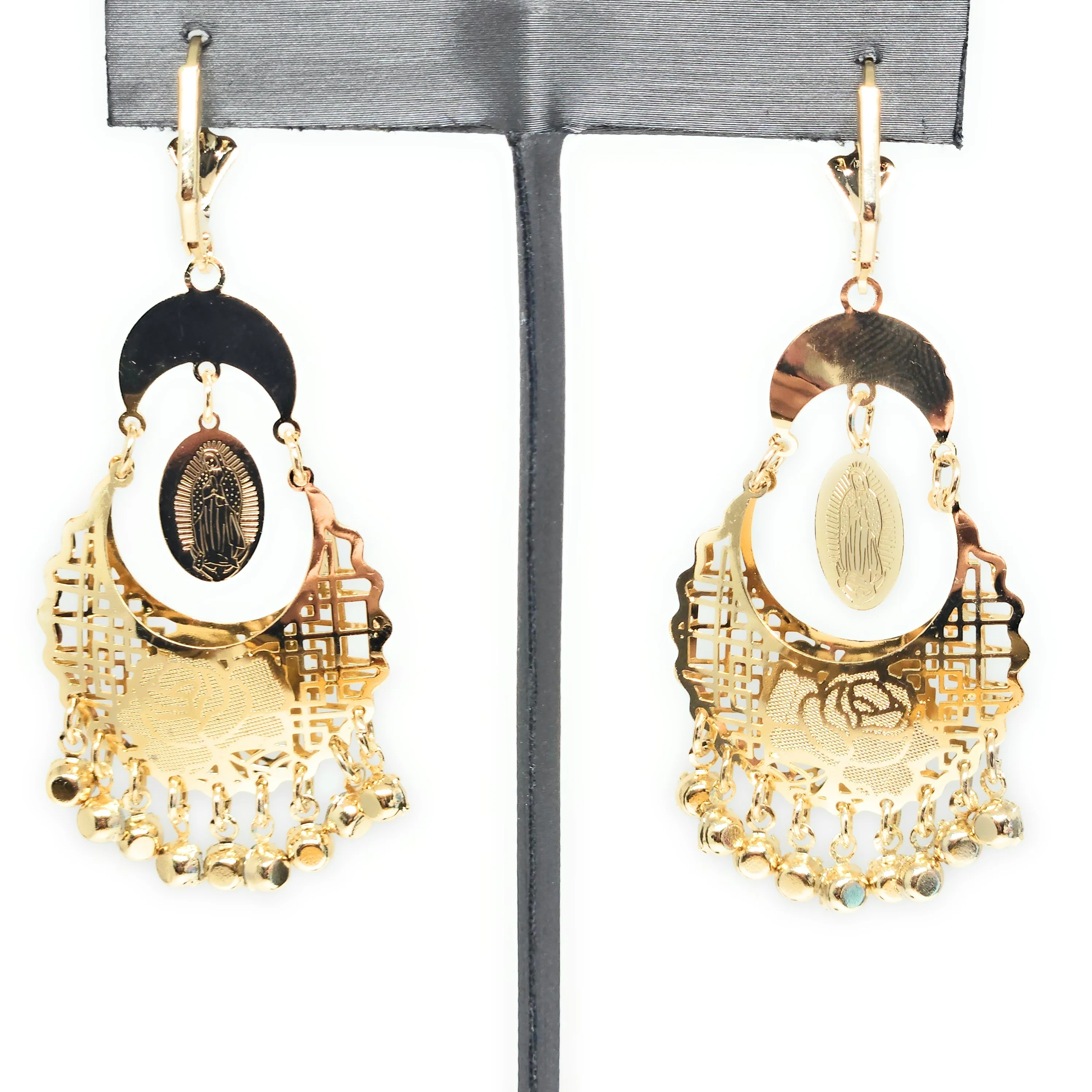 Gold Plated Tri Color Virgin Mary Dangle Basket Earrings Virgen Guadalupe Aretes Canasta Tres Colores - Image 4