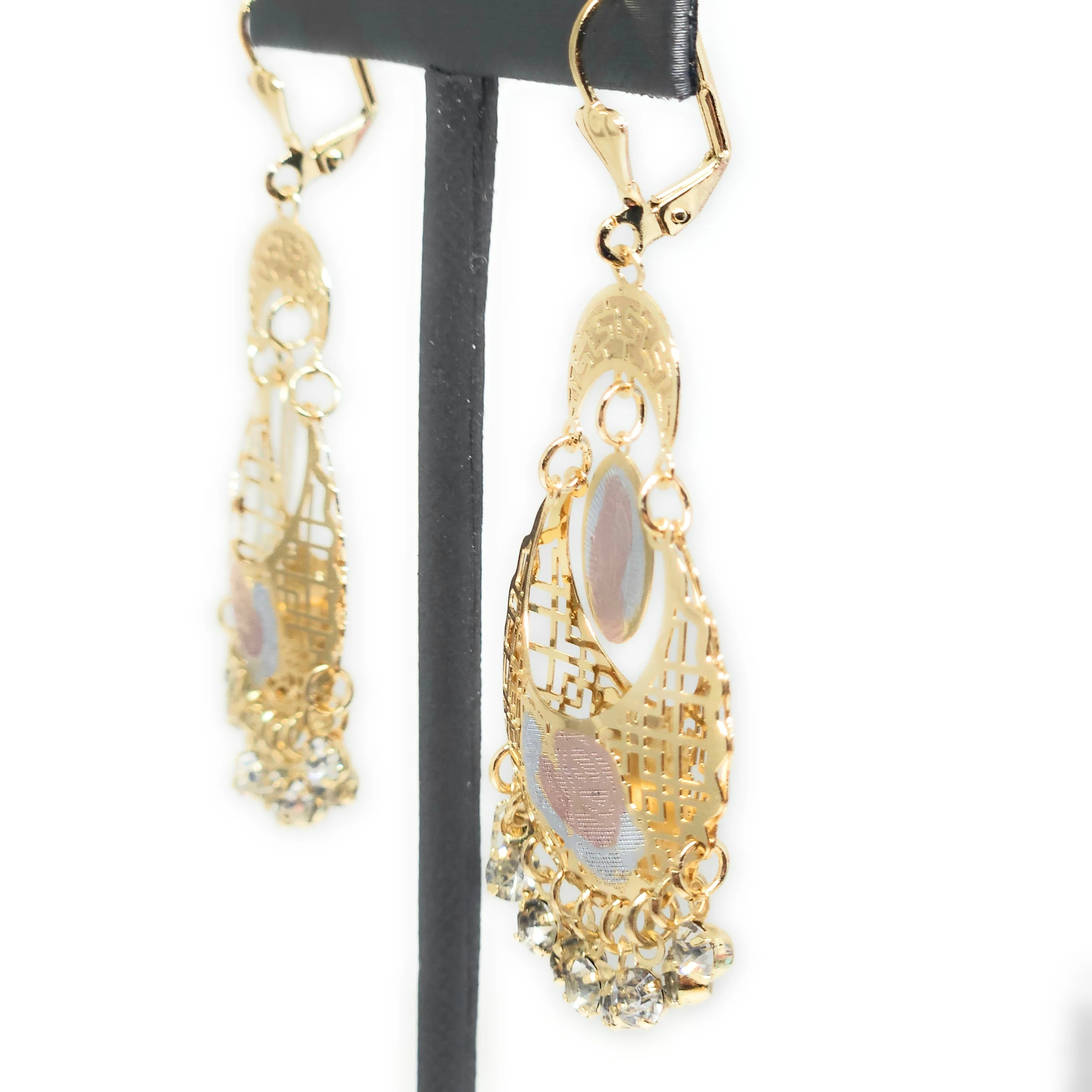Gold Plated Tri Color Virgin Mary Dangle Basket Earrings Virgen Guadalupe Aretes Canasta Tres Colores - Image 5