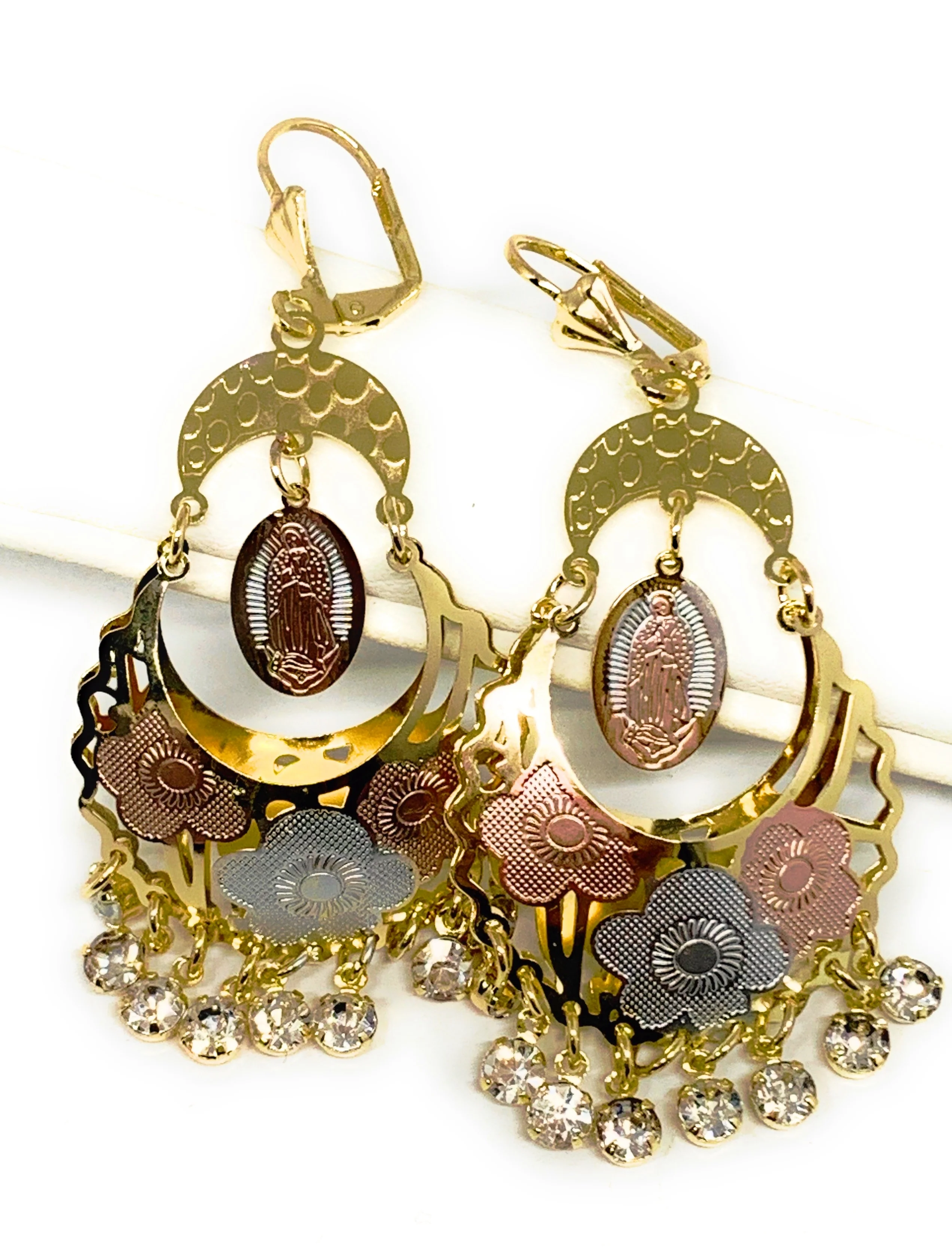 Gold Plated Tri Color Virgin Mary Dangle Basket Earrings Virgen Guadalupe Aretes Canasta Tres Colores - Image 6