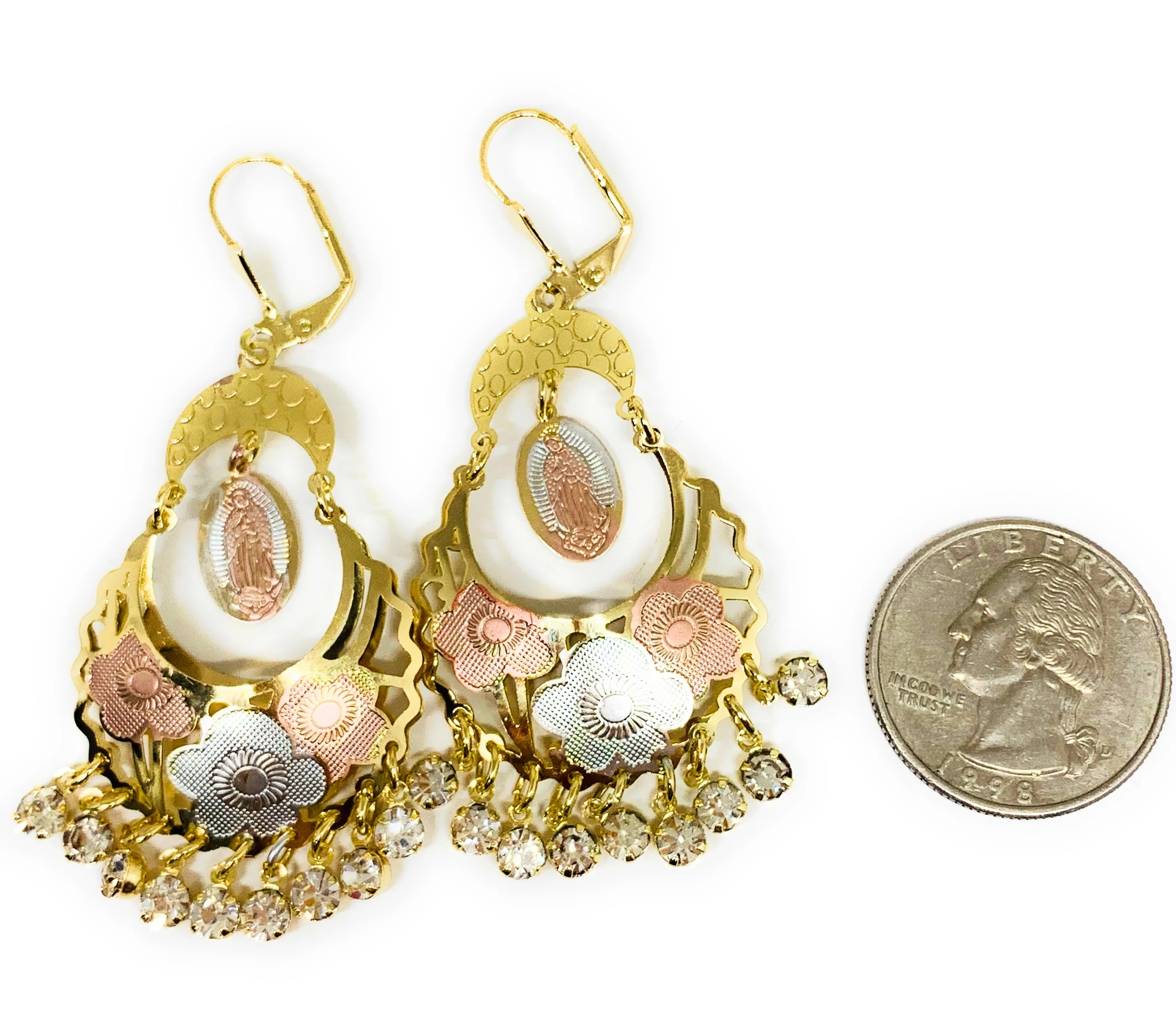 Gold Plated Tri Color Virgin Mary Dangle Basket Earrings Virgen Guadalupe Aretes Canasta Tres Colores - Image 7