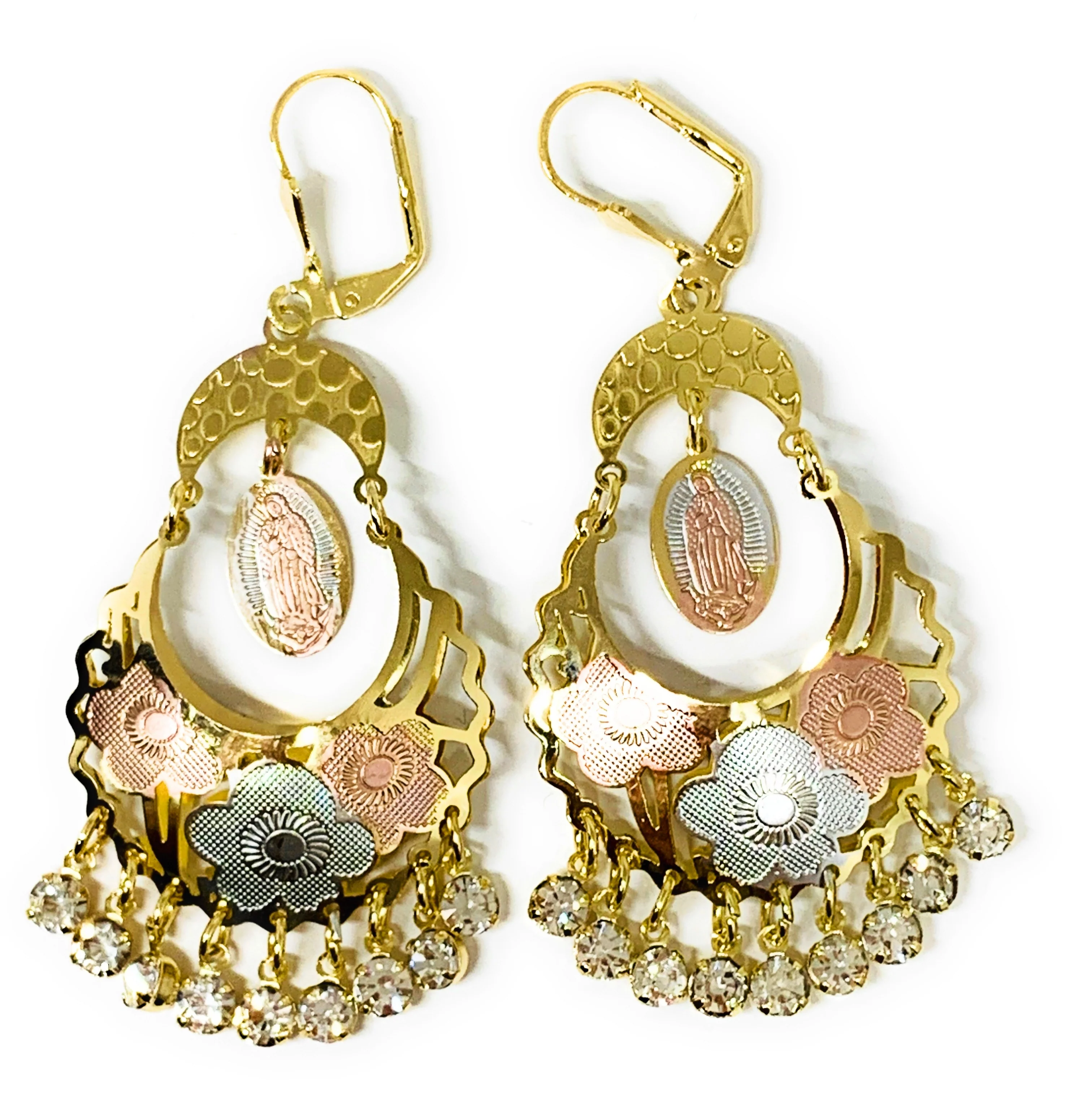 Gold Plated Tri Color Virgin Mary Dangle Basket Earrings Virgen Guadalupe Aretes Canasta Tres Colores - Image 8