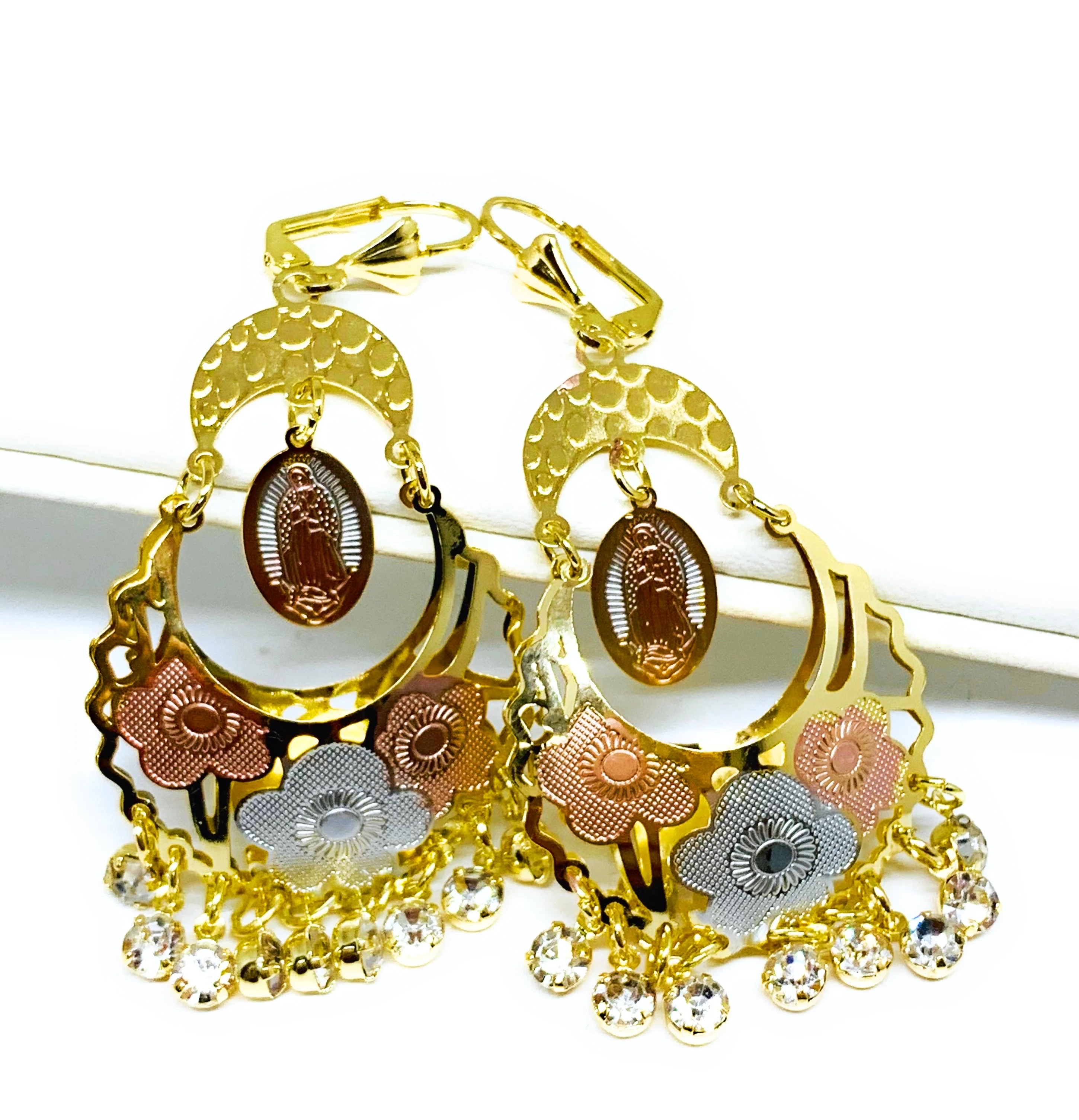 Gold Plated Tri Color Virgin Mary Dangle Basket Earrings Virgen Guadalupe Aretes Canasta Tres Colores - Image 9