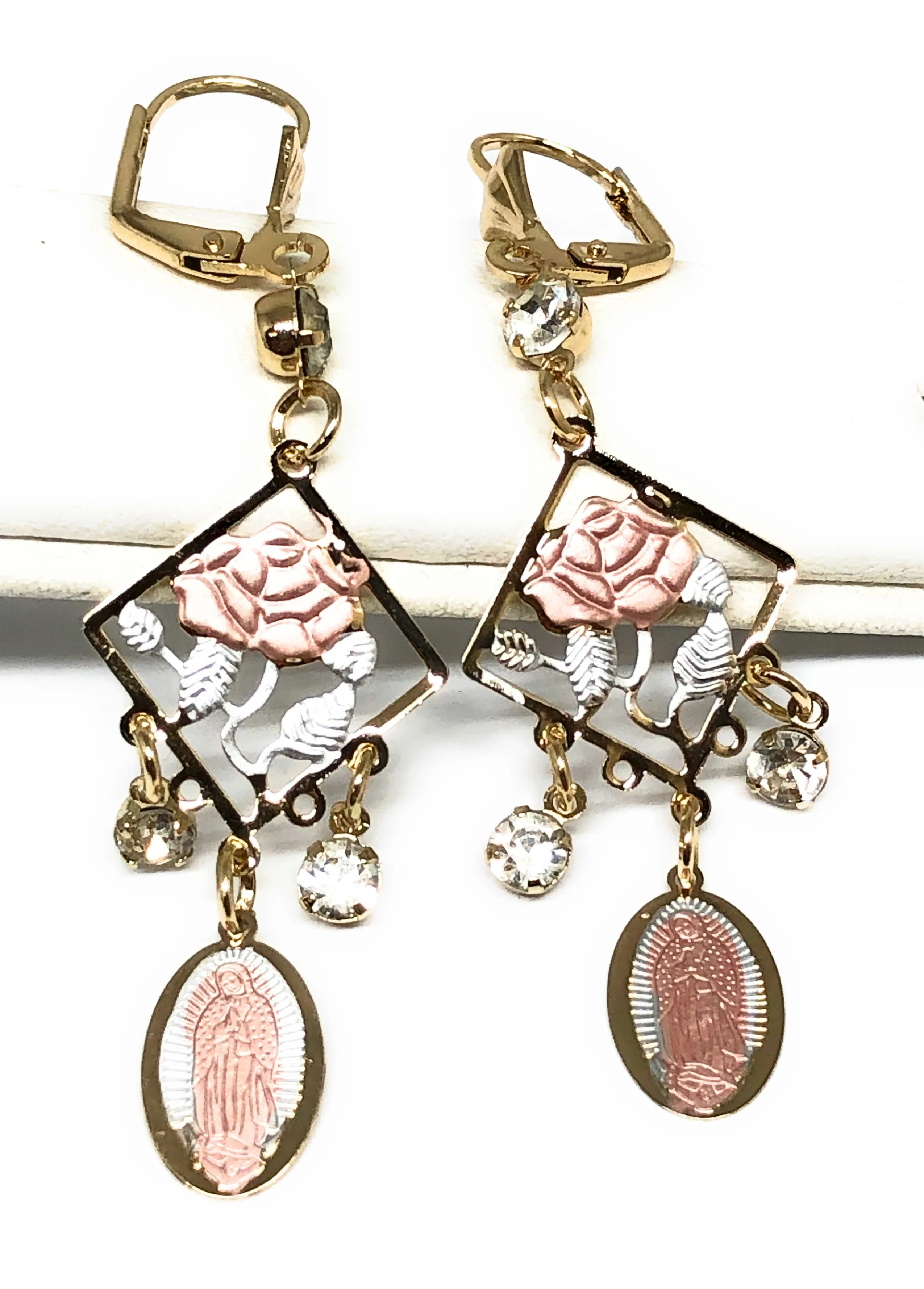 Gold Plated Tri Color Virgin Mary Flower Dangle Earrings Aretes Virgen De Guadalupe
