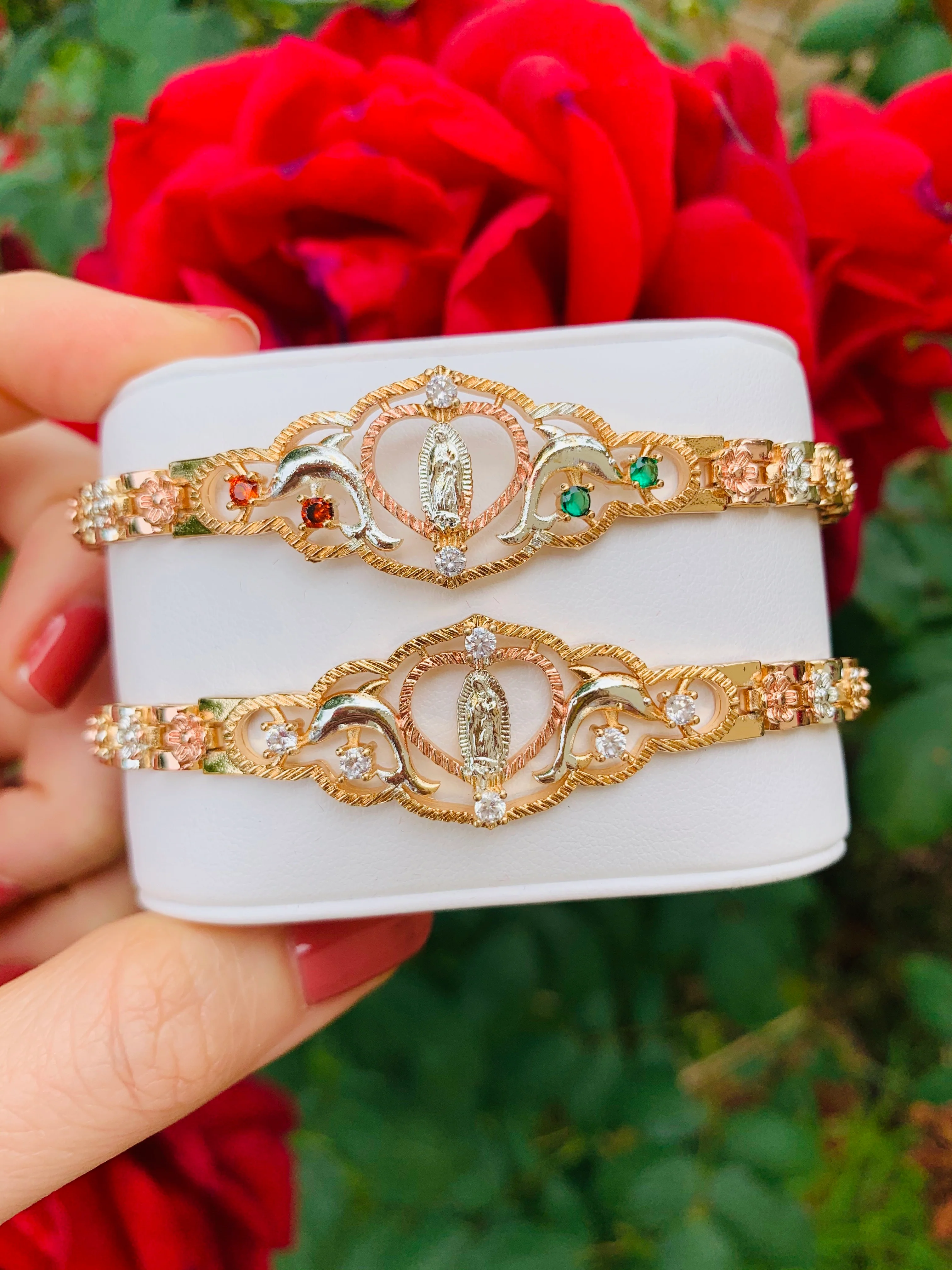 Gold Plated Tri-Color Virgin Mary Dolphin Heart Bracelet Virgen De Guadalupe Pulsera 8"