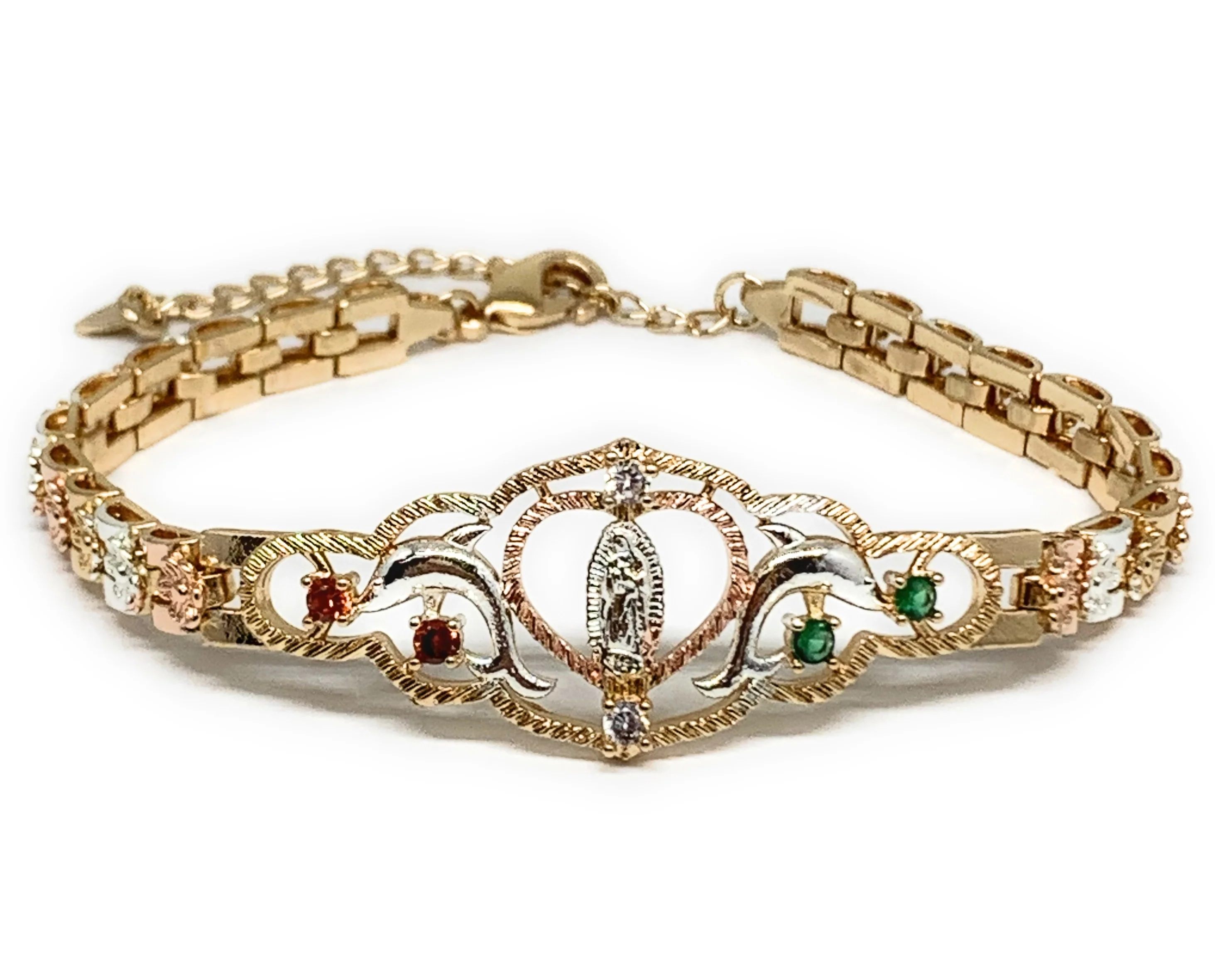 Gold Plated Tri-Color Virgin Mary Dolphin Heart Bracelet Virgen De Guadalupe Pulsera 8" - Image 2