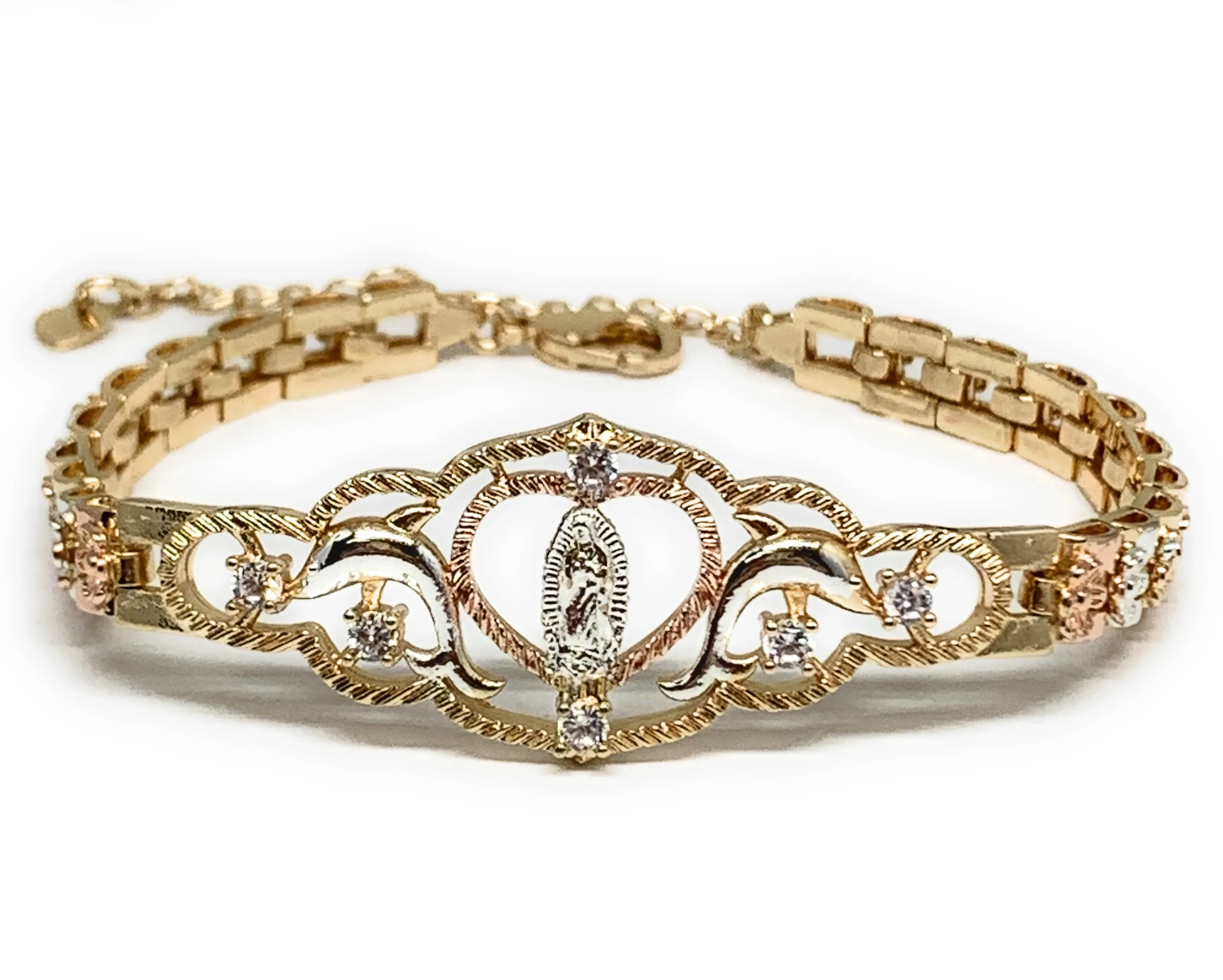 Gold Plated Tri-Color Virgin Mary Dolphin Heart Bracelet Virgen De Guadalupe Pulsera 8" - Image 5